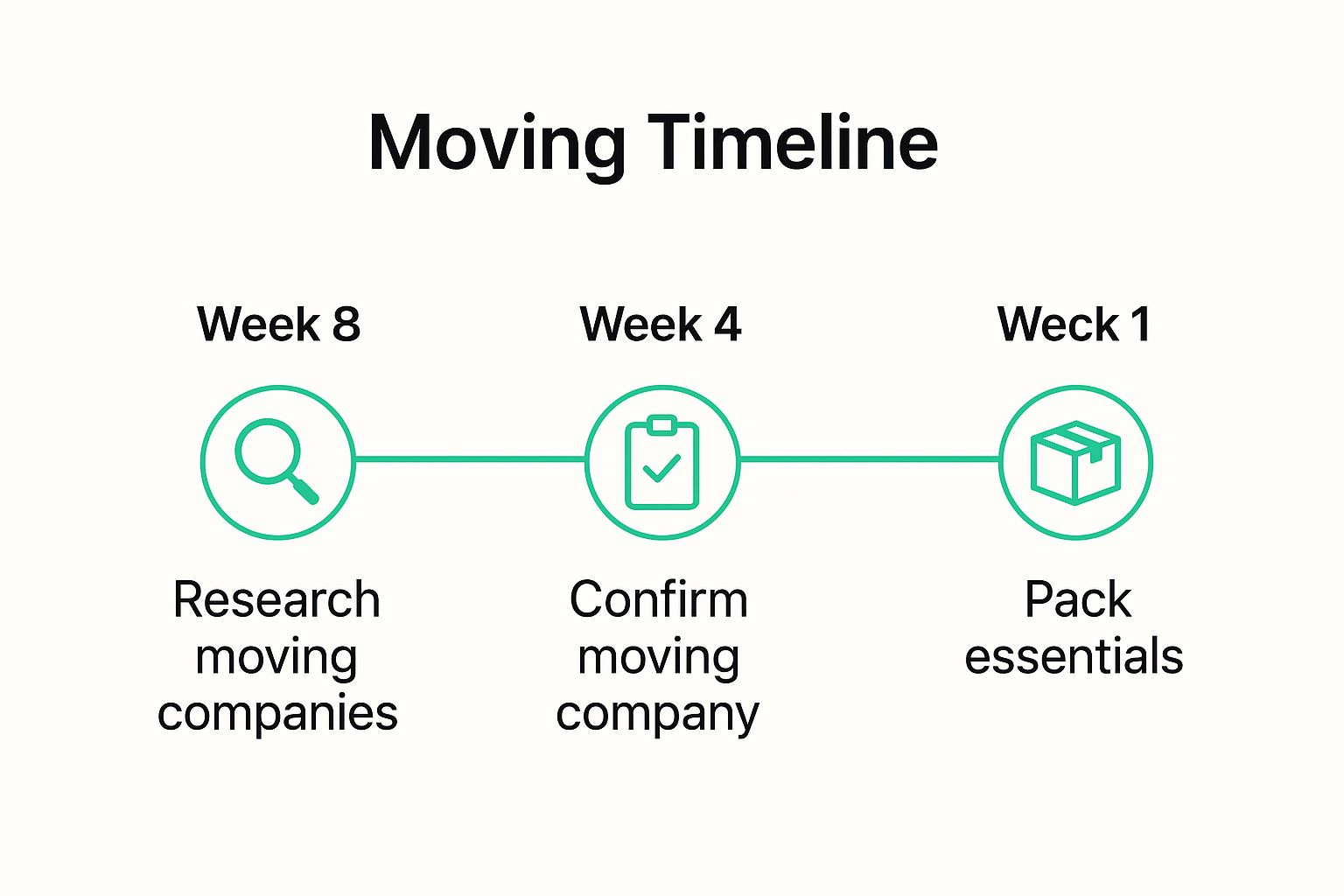 Infographic showing a timeline with three key milestones: Week 8 - Research removalists, Week 4 - Confirm booking, and Week 1 - Pack essentials.