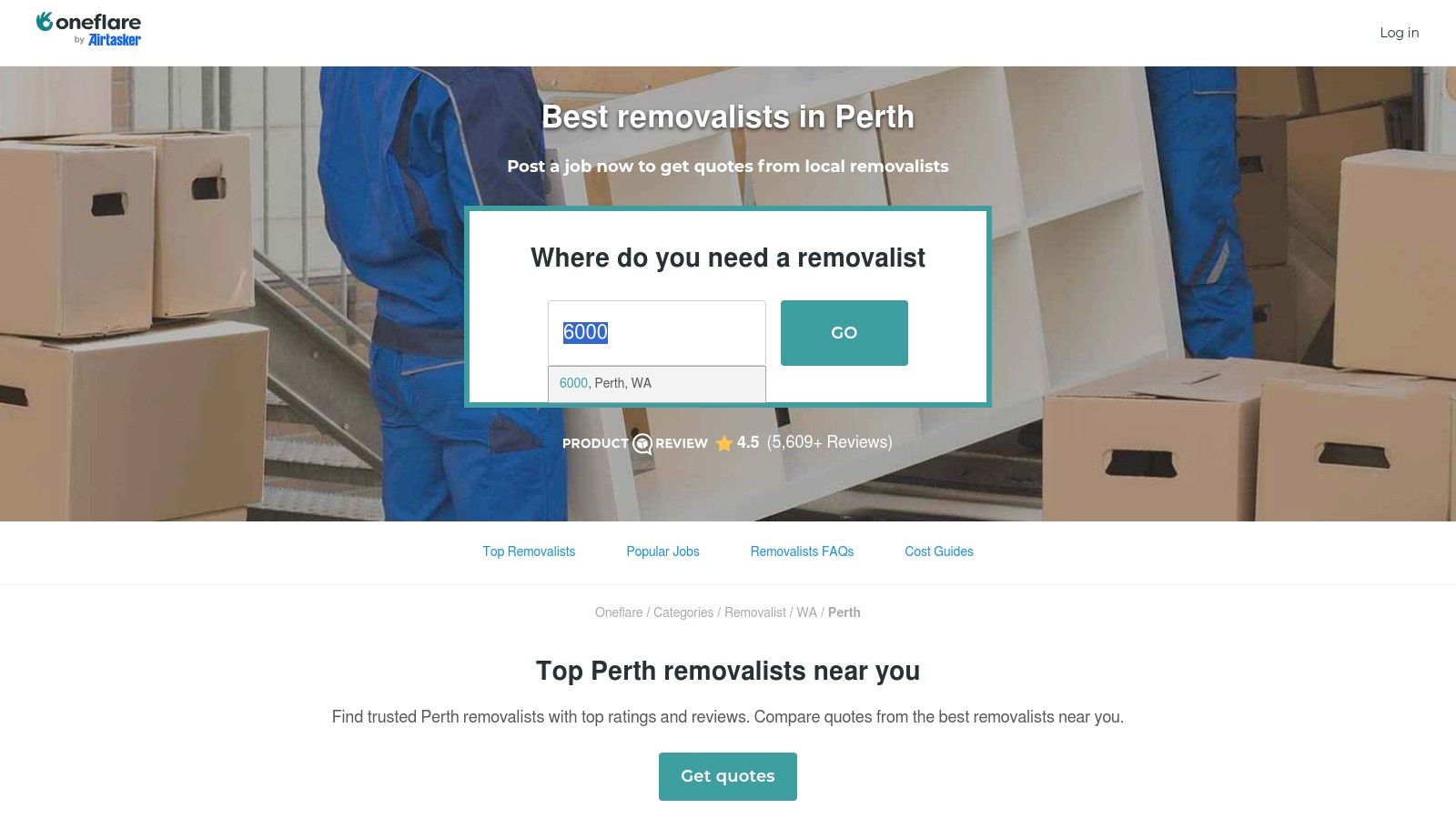 A screenshot of the Oneflare website interface where a user can post a job for a removalist in Perth, showing the form to fill out moving details.