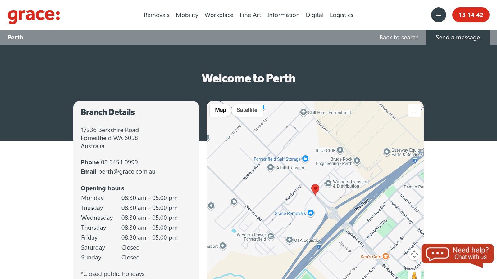 Grace Removals website showing Perth branch details
