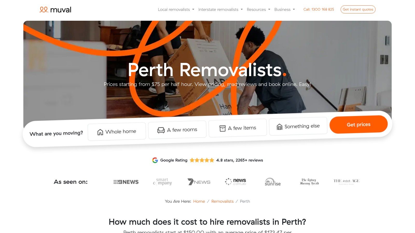 Muval homepage showing a search interface for finding removalists