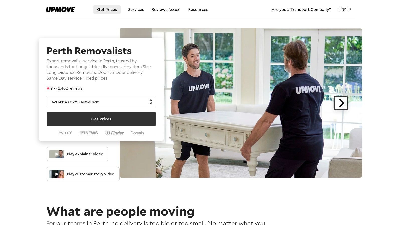Upmove homepage showing a search interface for finding removalists