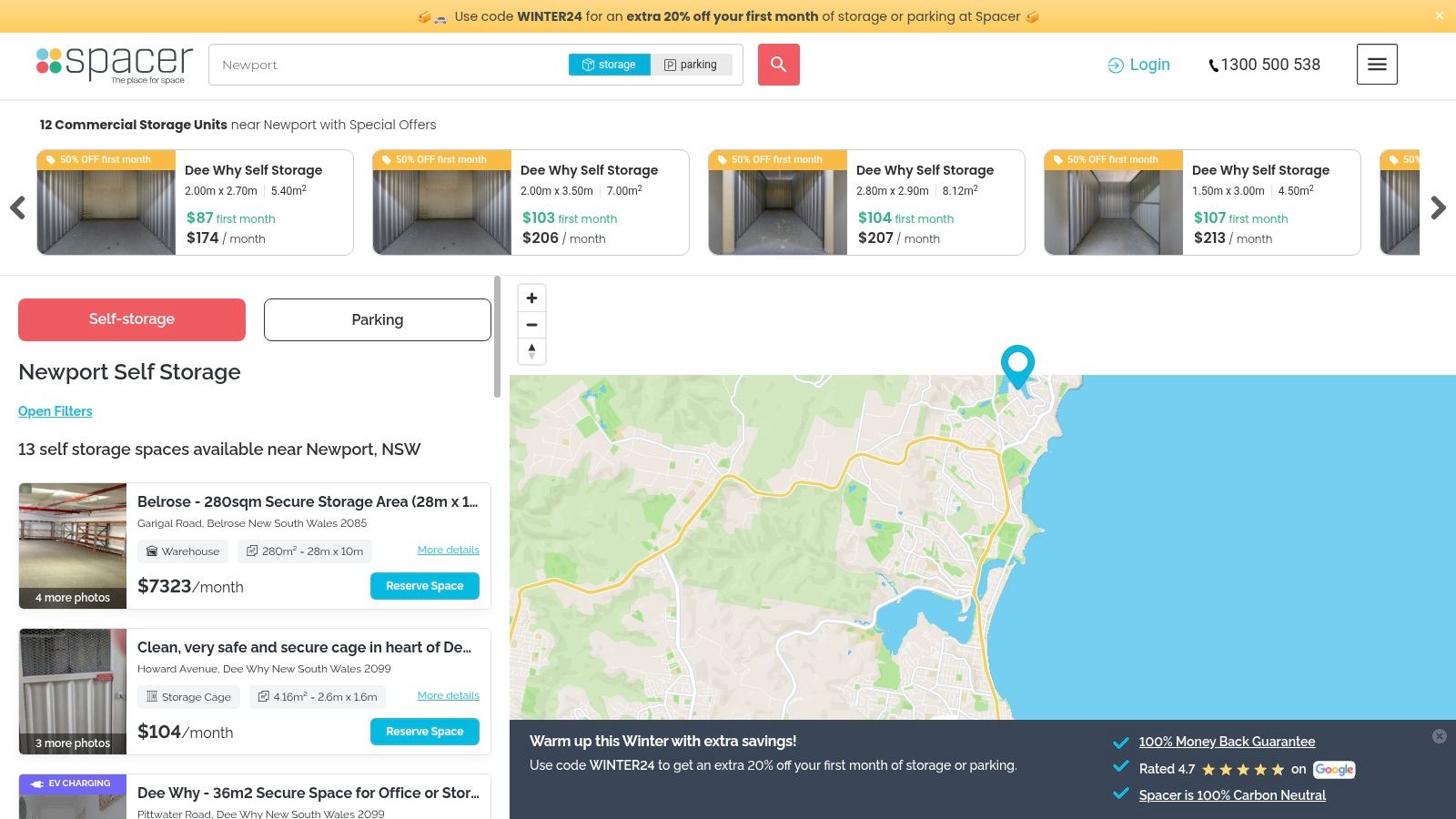 Spacer homepage showing search bar for finding storage