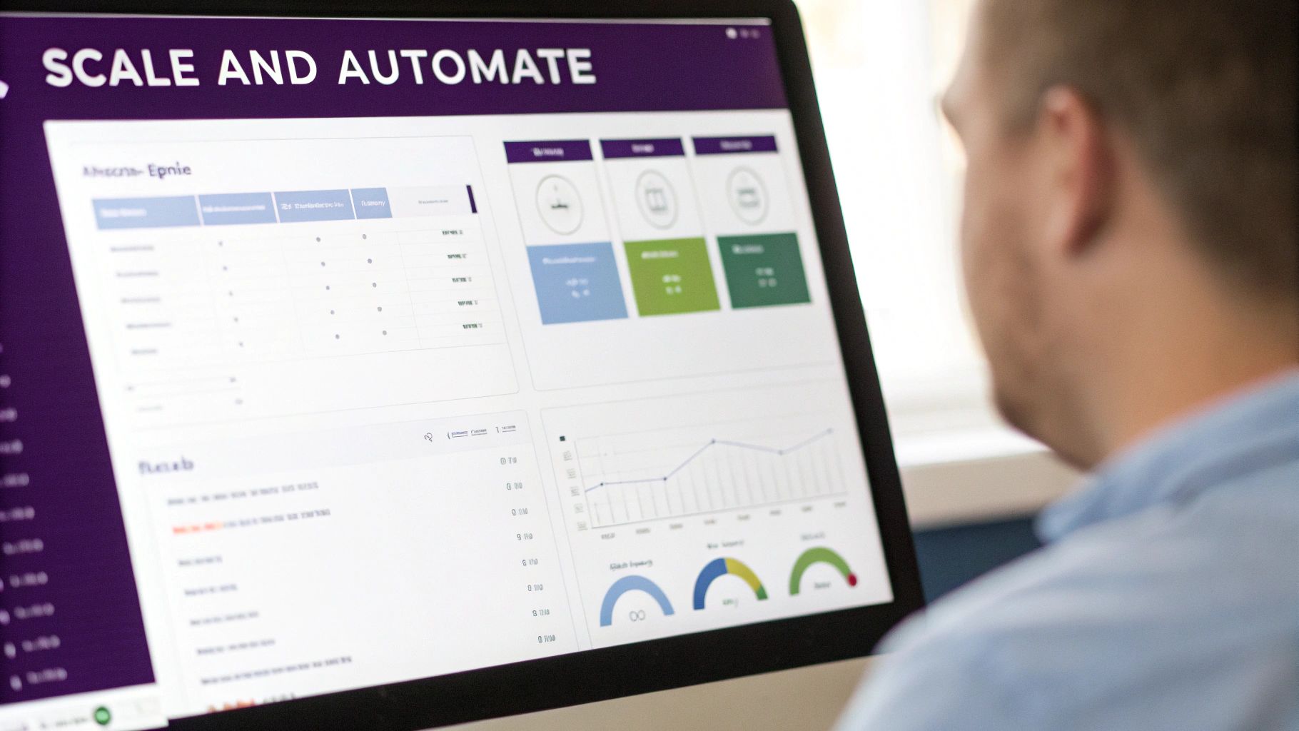 A person views a computer screen displaying a business analytics dashboard with charts and 'Scale and Automate' text.