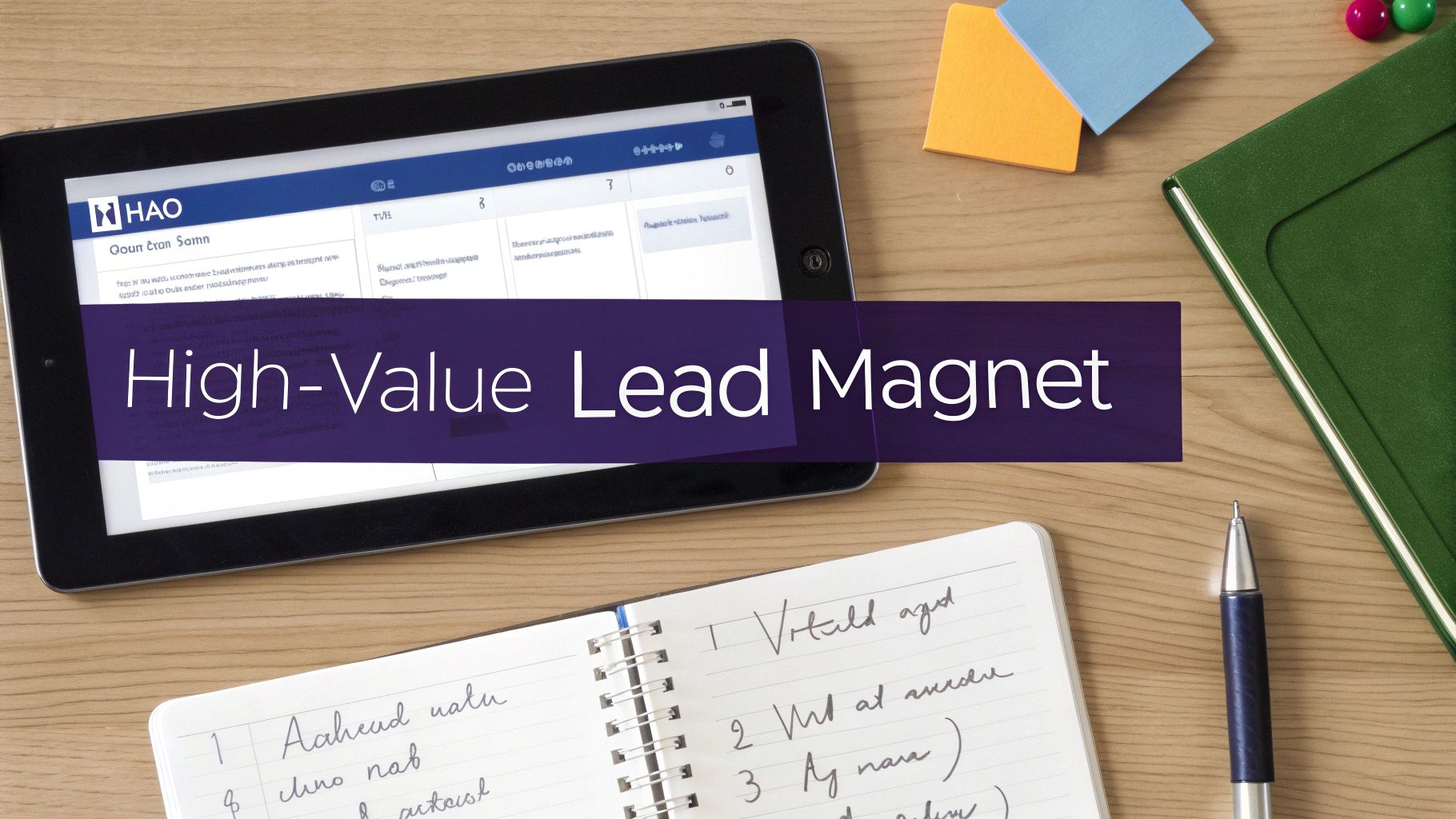 Desk flat lay with a tablet, notebook, pen, and sticky notes, featuring 'High-Value Lead Magnet' text.