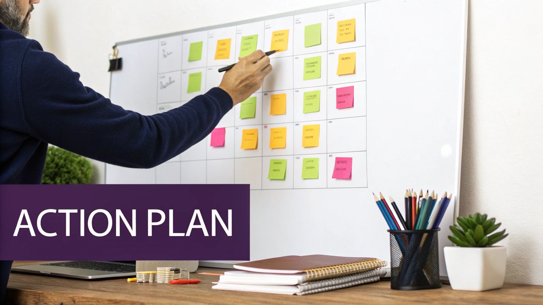 A person's arm writing on a whiteboard filled with colorful sticky notes, representing an action plan.