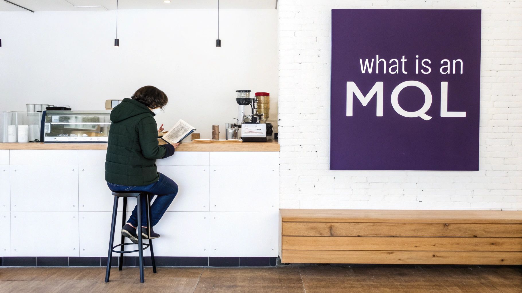 A person in a green jacket reads a book at a coffee shop counter with a purple sign.
