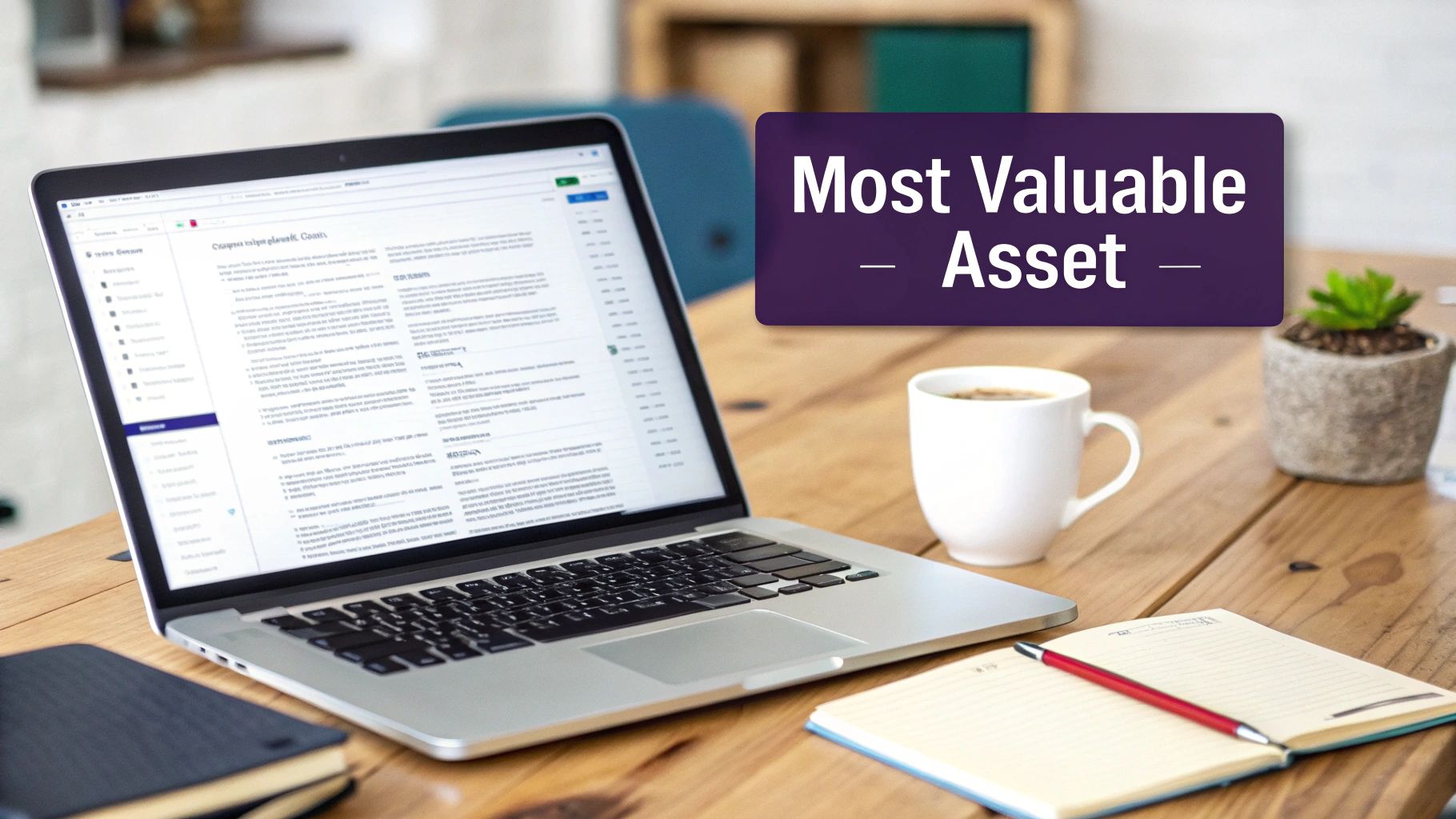 A laptop, coffee mug, notebook, and a 'Most Valuable Asset' sign on a wooden desk.