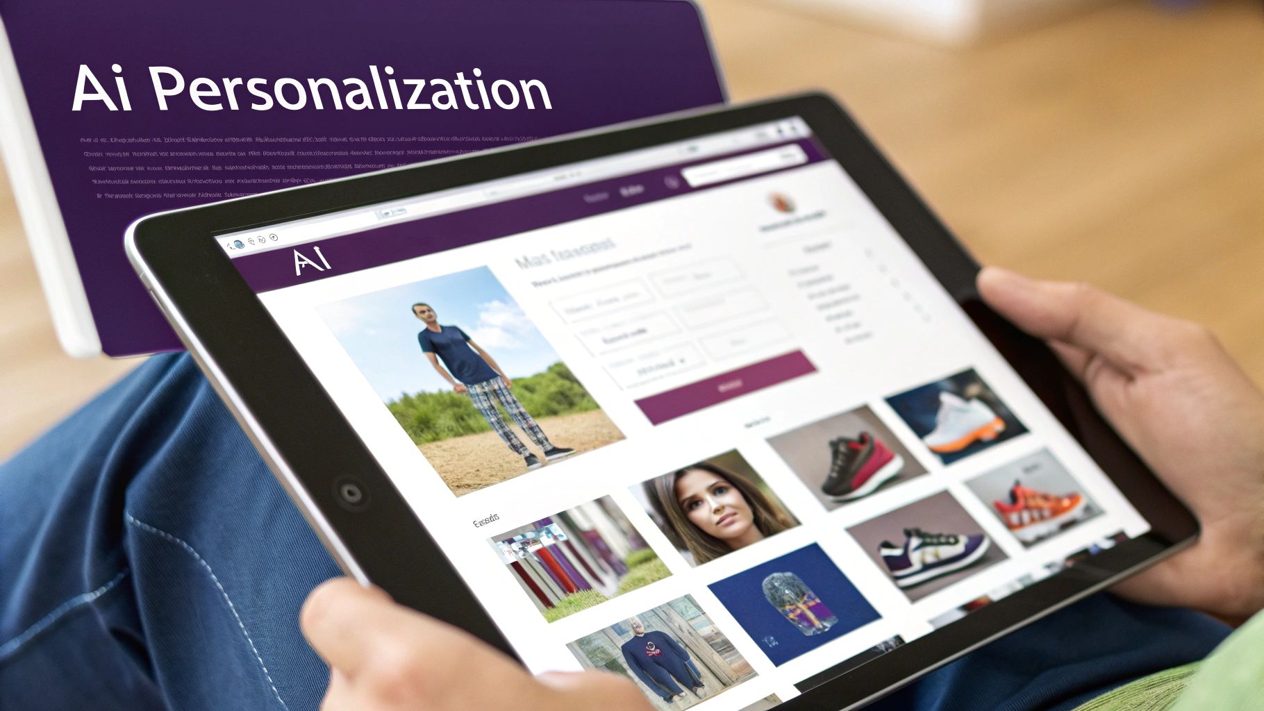 A person holds a tablet showing an AI-personalized e-commerce website with fashion items and product recommendations.