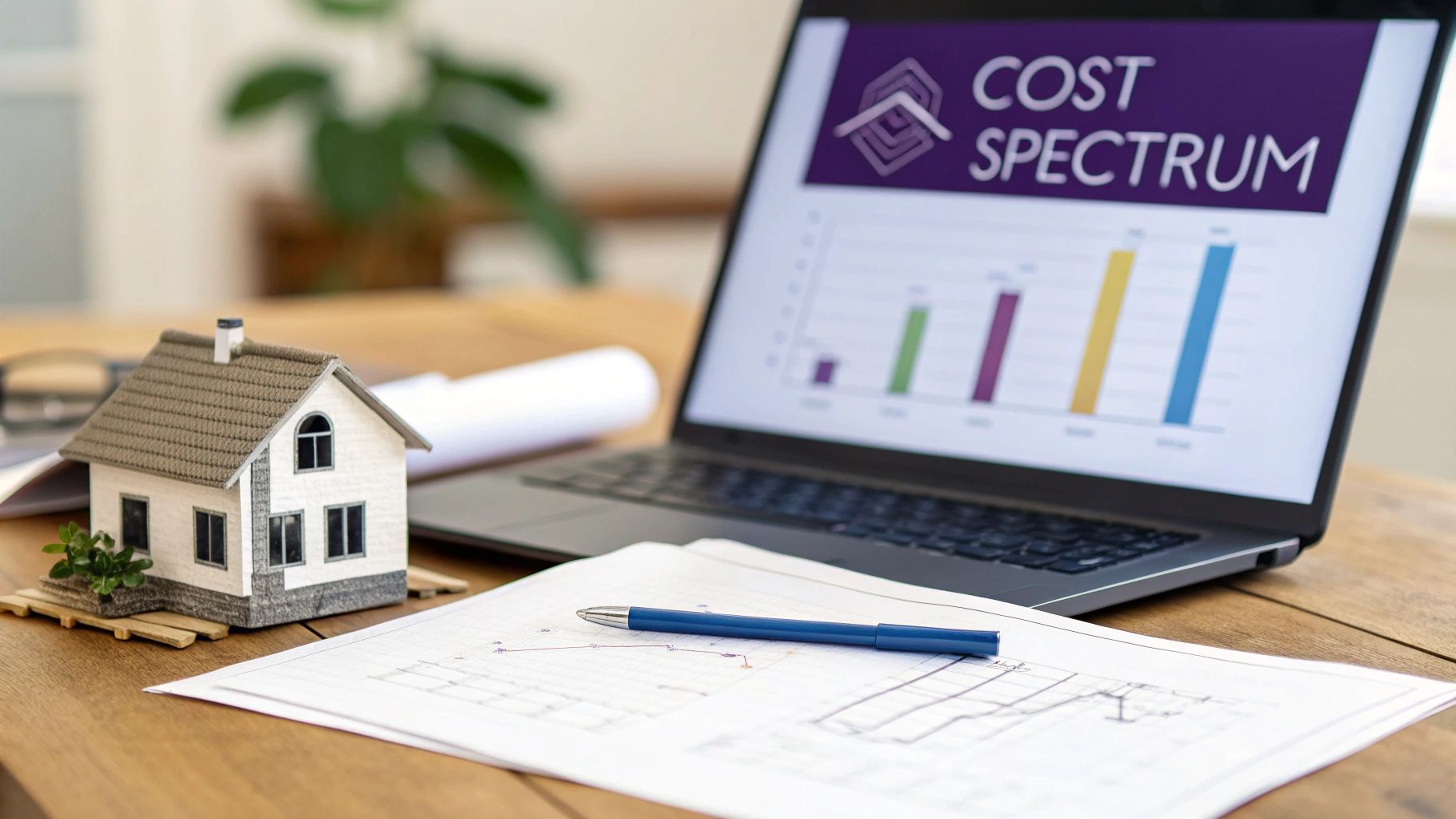 A miniature house model and architectural plans on a desk next to a laptop displaying a 'Cost Spectrum' graph.