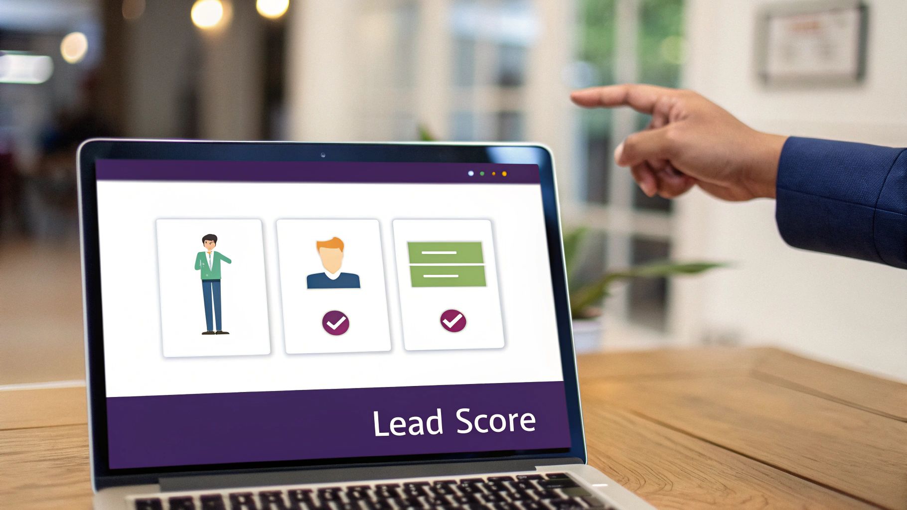 Business professional presenting lead scoring system on laptop displaying qualified prospect icons and checkmarks
