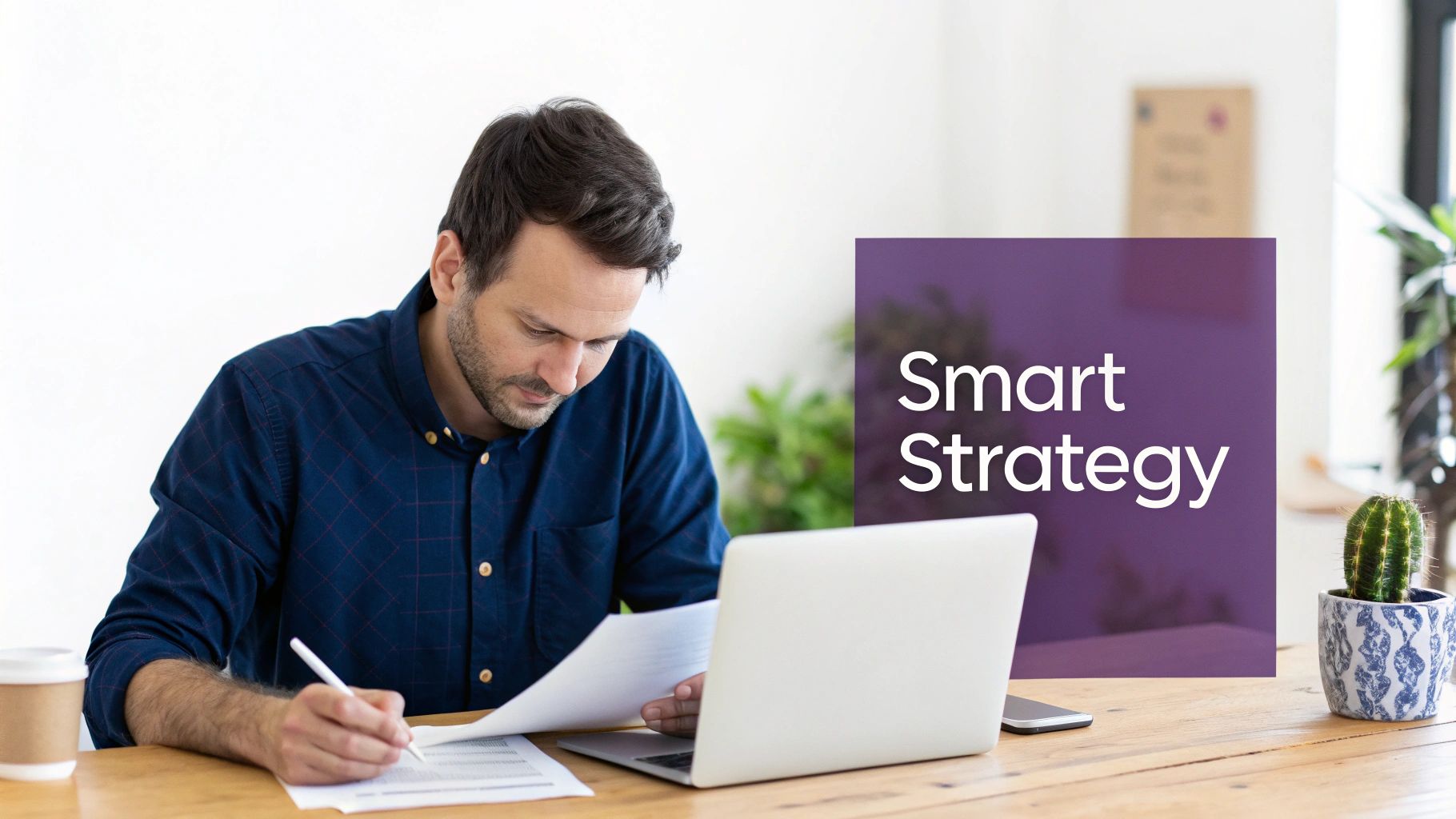 A man in a blue shirt writing at a desk with a laptop, coffee, and cactus, next to "Smart Strategy" text.