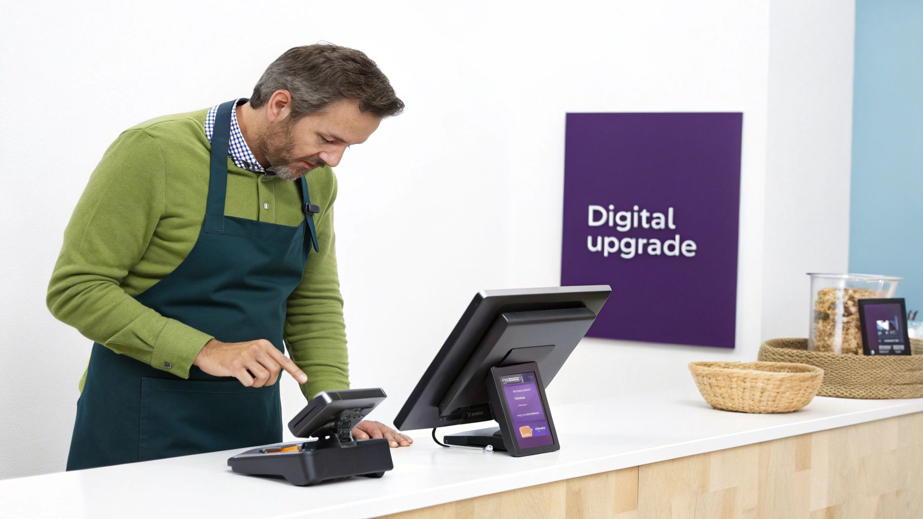 Small business owner in apron using modern point of sale touchscreen payment system at retail counter