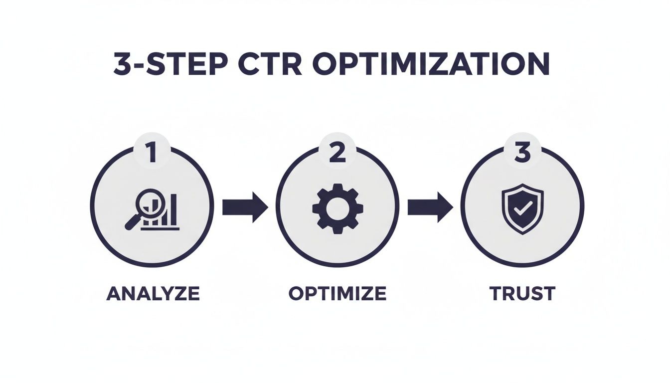 A 3-step CTR optimization process diagram showing analyze, optimize, and trust stages.