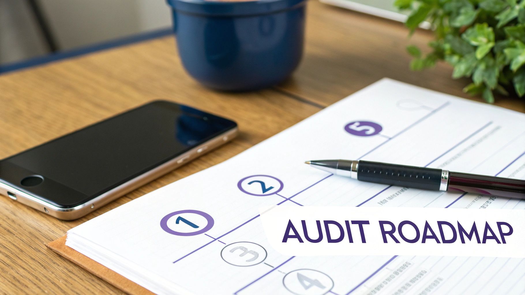 A document titled 'AUDIT ROADMAP' with numbered steps, a pen, and a smartphone on a wooden desk.