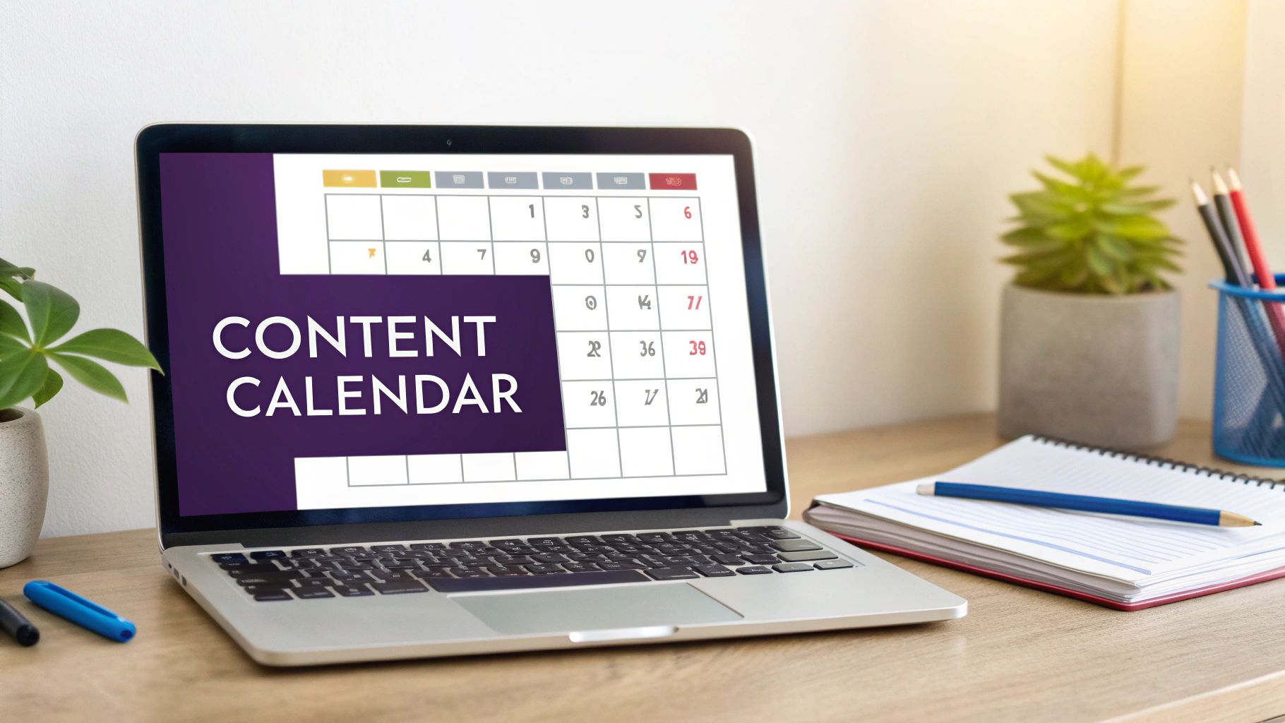 A laptop displaying a content calendar on a wooden desk with a notebook, pencil, and plants.