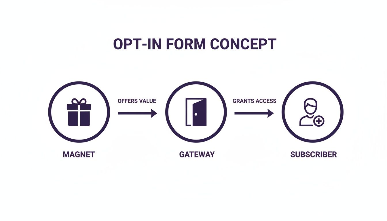 Diagram illustrating the opt-in form concept: magnet offers value through a gateway to a new subscriber.