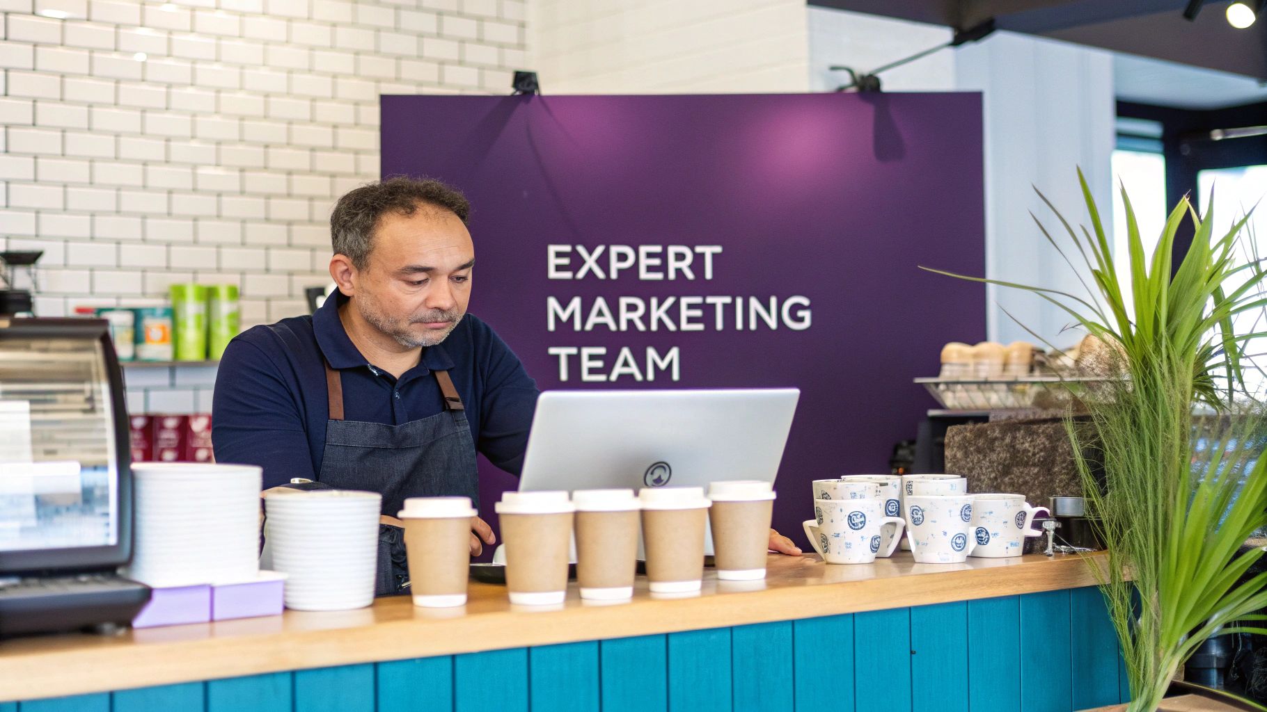 A team of marketing professionals collaborating on a project in a modern office.