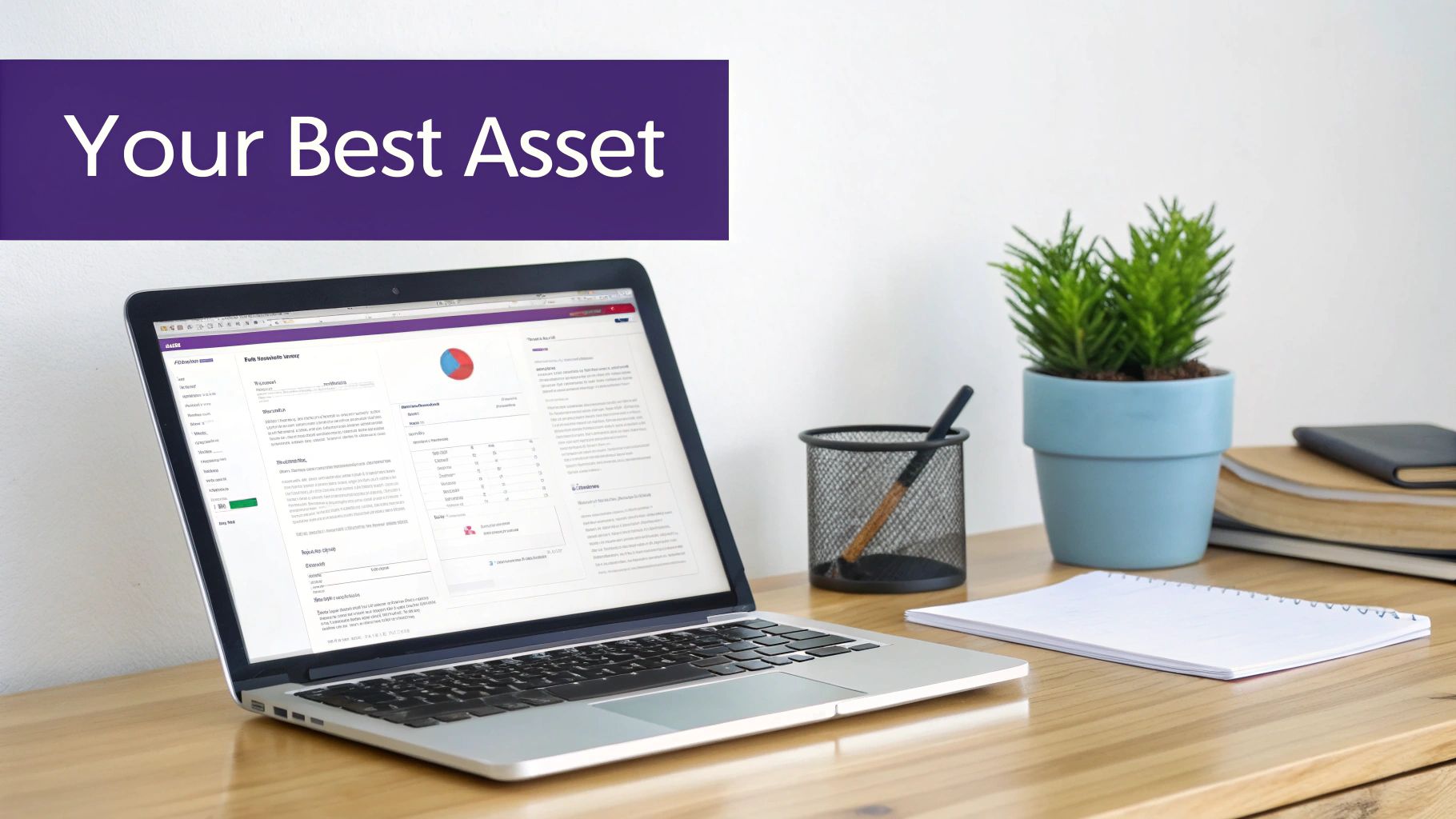 A laptop displaying business data on a wooden desk with office supplies and a plant, under a 'Your Best Asset' banner.