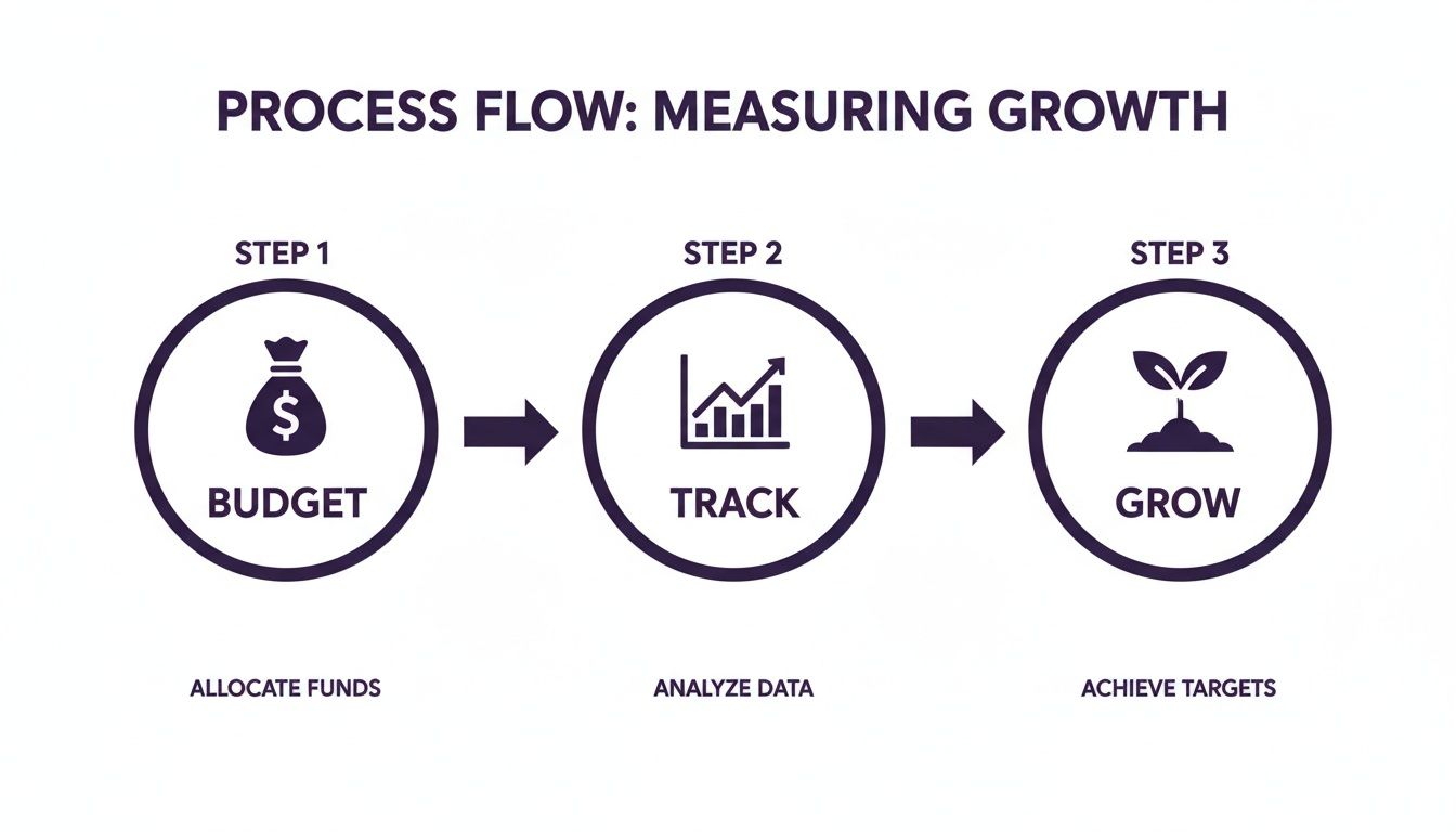 Process flow diagram illustrating measuring growth with steps: budget, track, and grow.