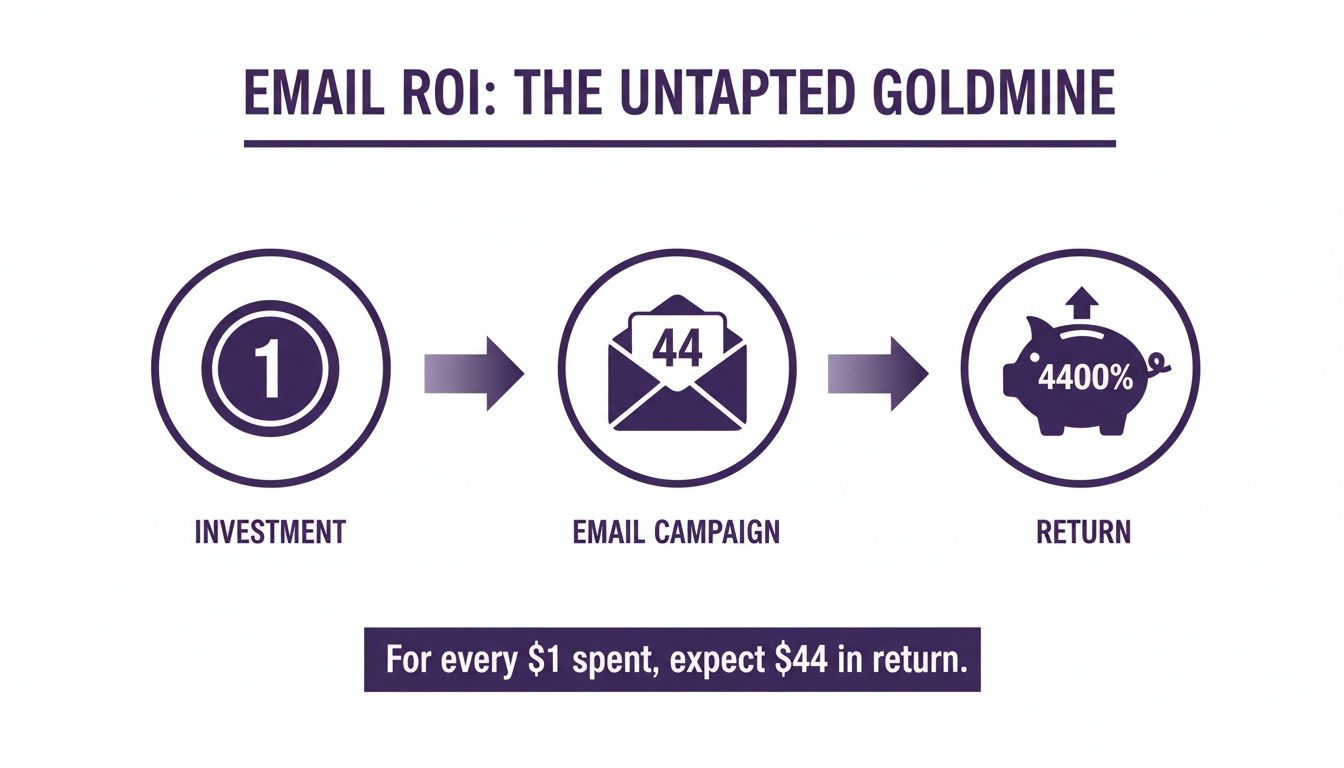 Infographic illustrating the high return on investment (ROI) for email marketing, showing $1 investment yielding $44 return.