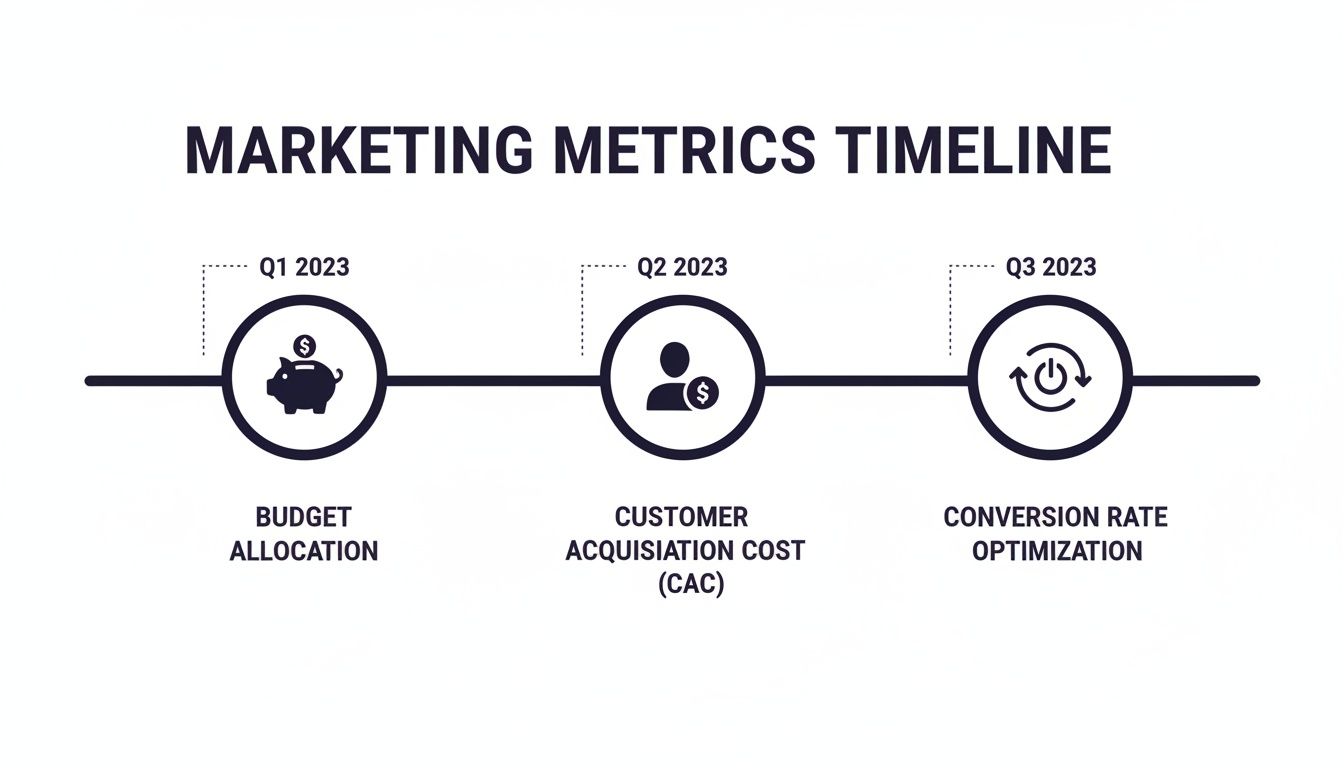 A marketing metrics timeline illustrating budget allocation, customer acquisition cost, and conversion rate optimization across Q1-Q3 2023.