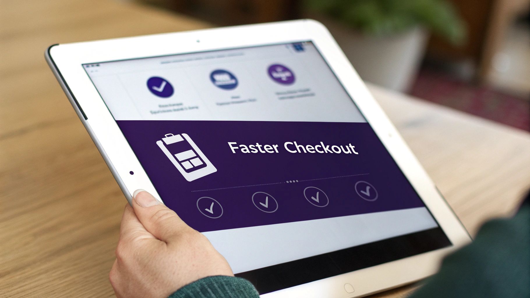 A person holds a tablet displaying a 'Faster Checkout' screen with a clipboard icon and checkmarks, illustrating an efficient e-commerce process.