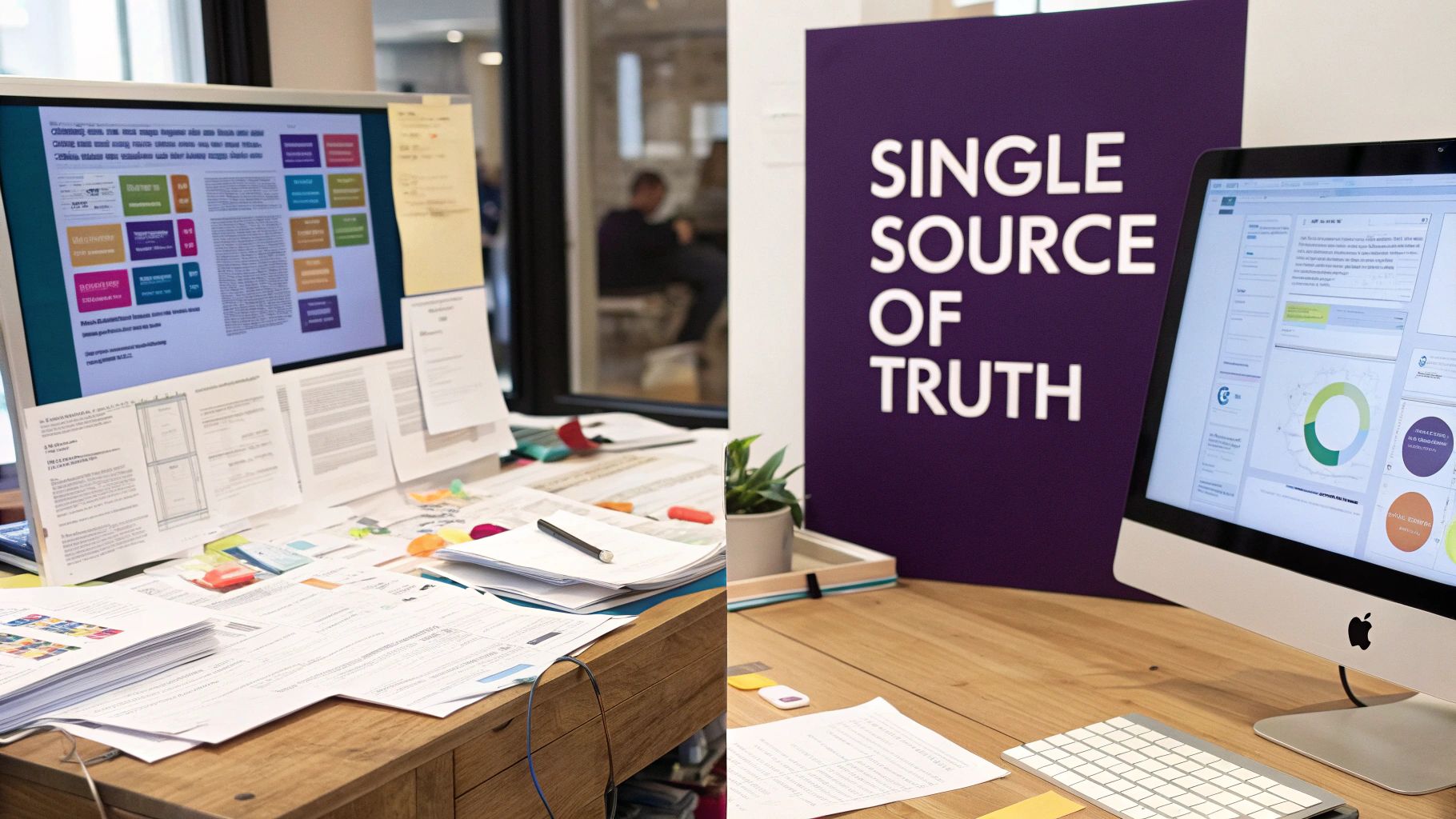 Two office desks with computer screens displaying data and charts, one messy, one clean, next to a 'SINGLE SOURCE OF TRUTH' sign.