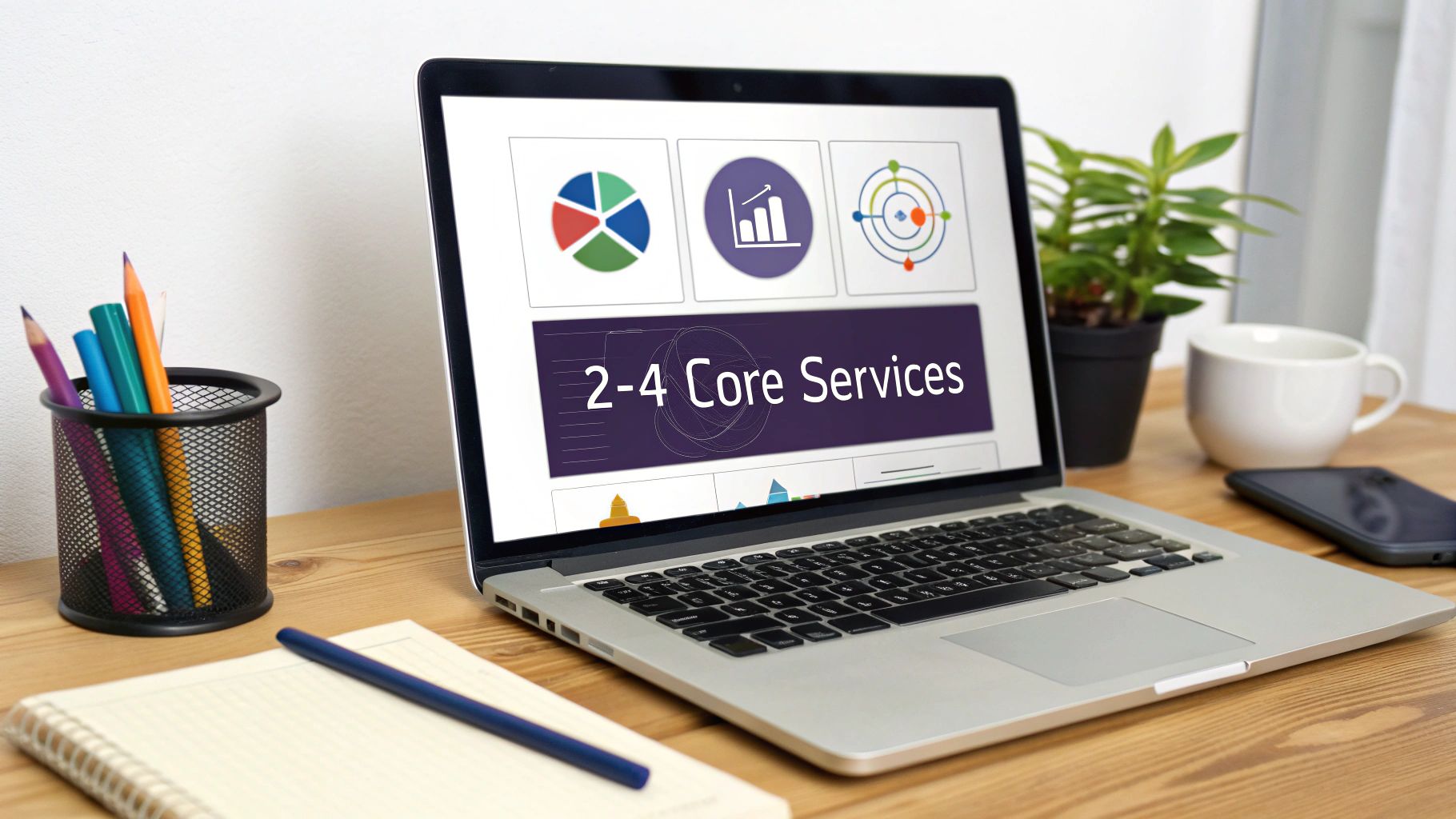 A laptop on a wooden desk displays '2-4 Core Services' with charts, next to office supplies and a plant.