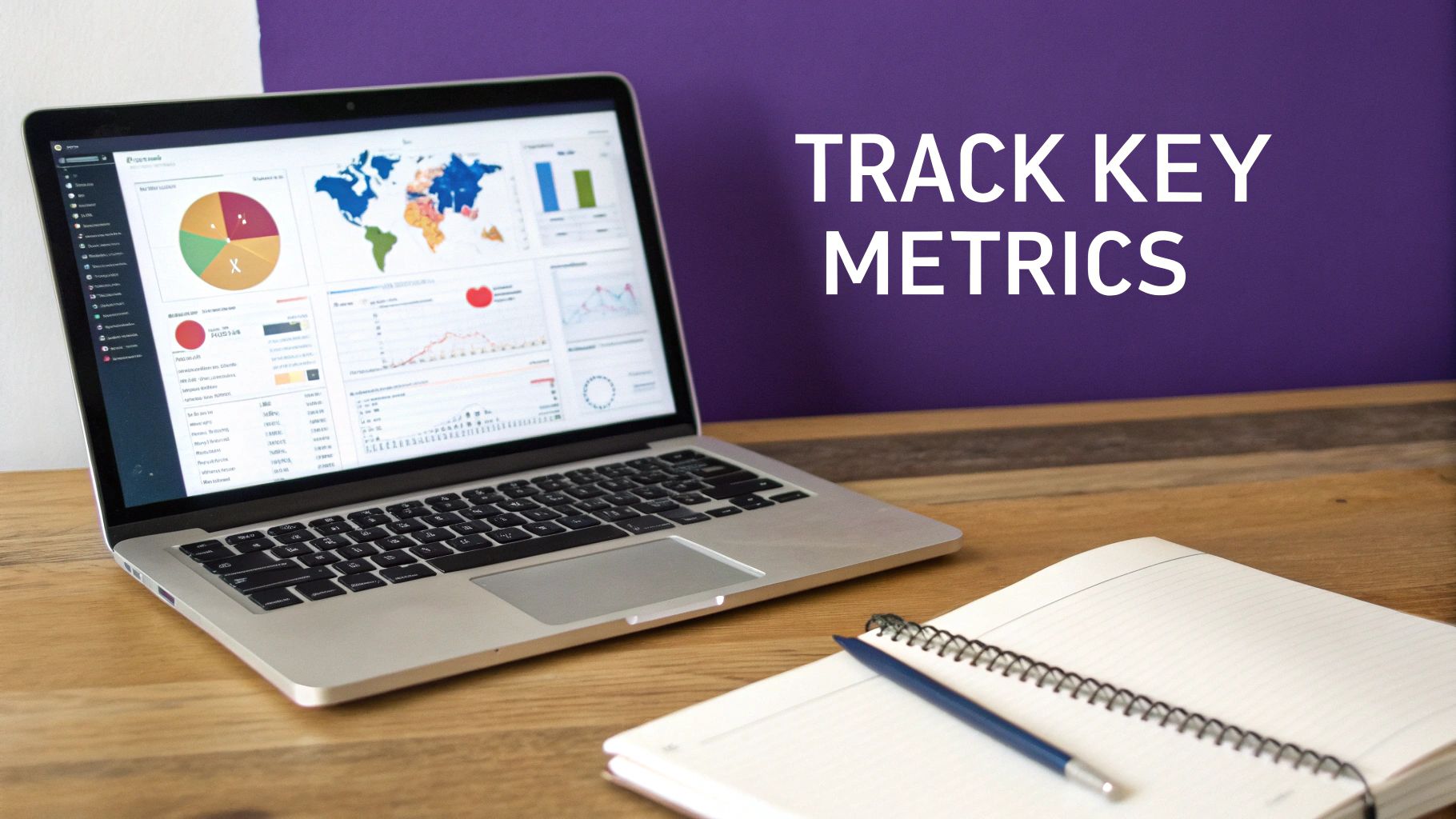 Laptop displaying a business analytics dashboard with graphs and metrics, alongside a notebook and pen.