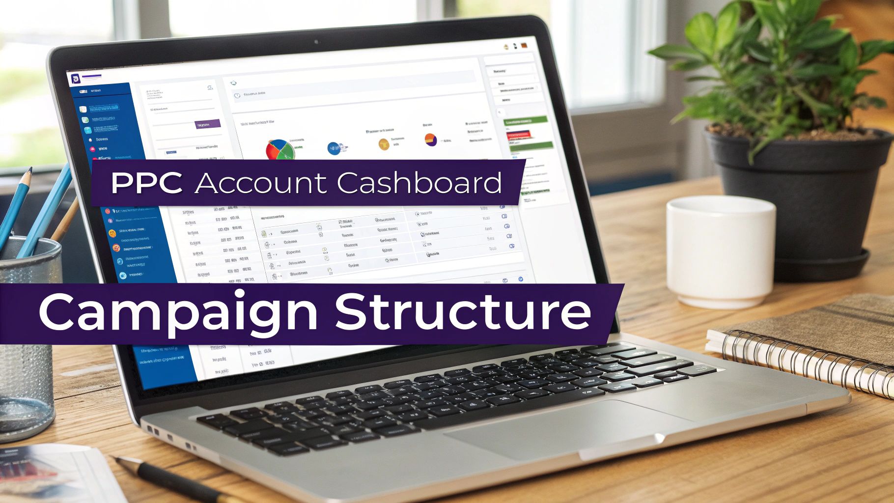 A laptop displaying a PPC account dashboard and campaign structure on a wooden desk.