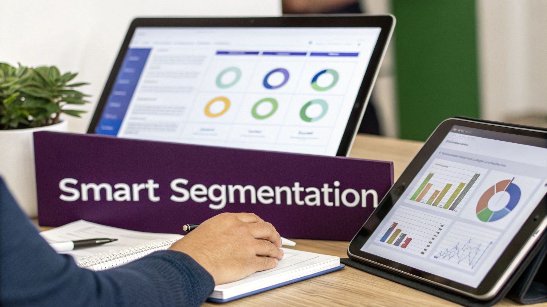 A retail employee using a tablet to analyze customer data and personalize offers in a store setting.