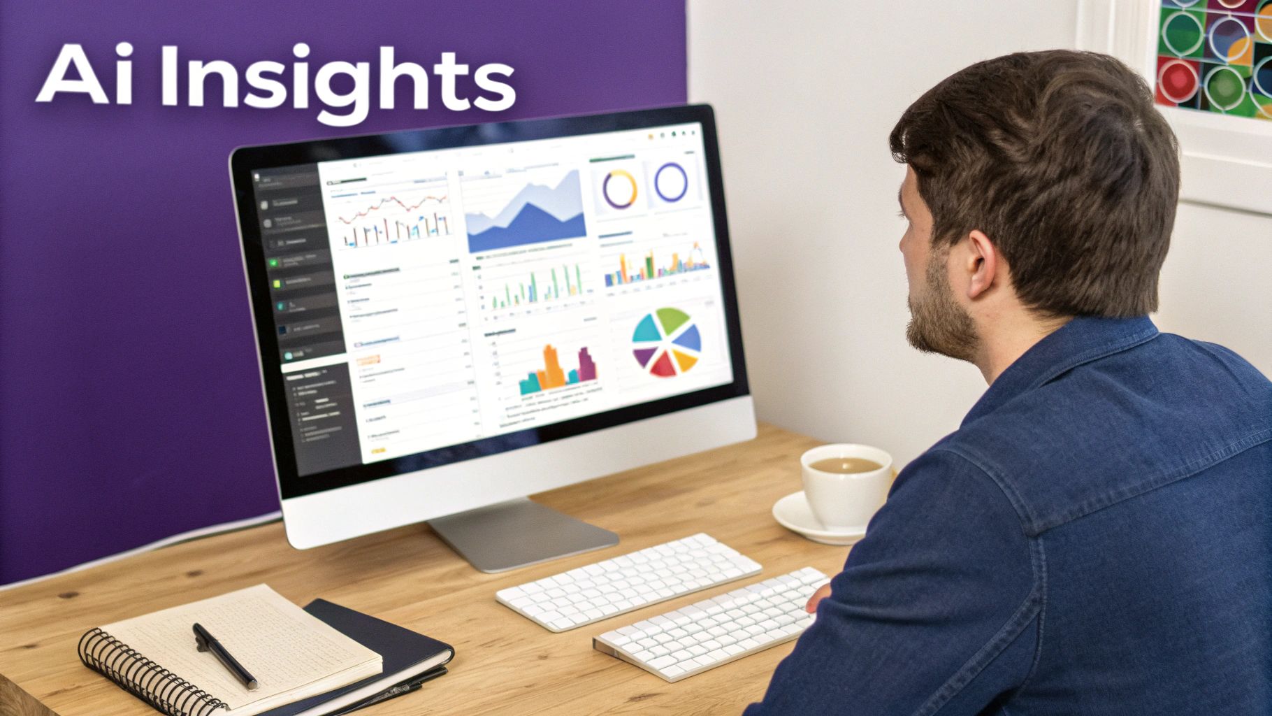 A man analyzing AI insights on a computer screen displaying diverse data visualizations and charts with coffee.
