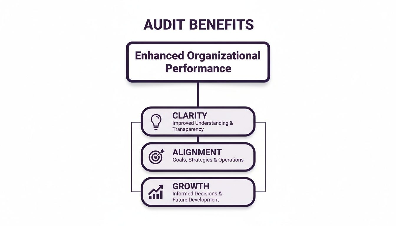 A flowchart showing audit benefits: enhanced organizational performance via clarity, alignment, and growth.