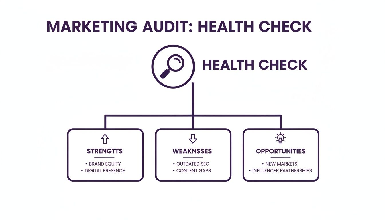 A marketing audit health check, detailing strengths like brand equity, weaknesses like outdated SEO, and new market opportunities.