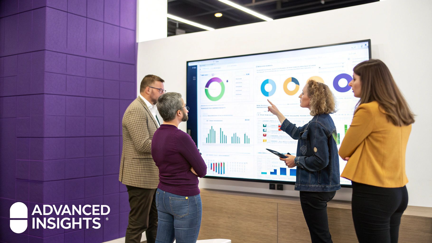 Four business professionals analyzing data dashboards on a large screen in a modern office.