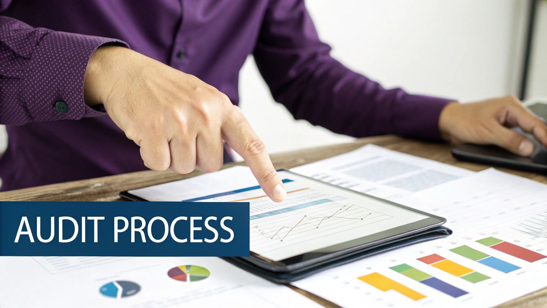 Professional examining financial audit reports and charts on a tablet and desk.
