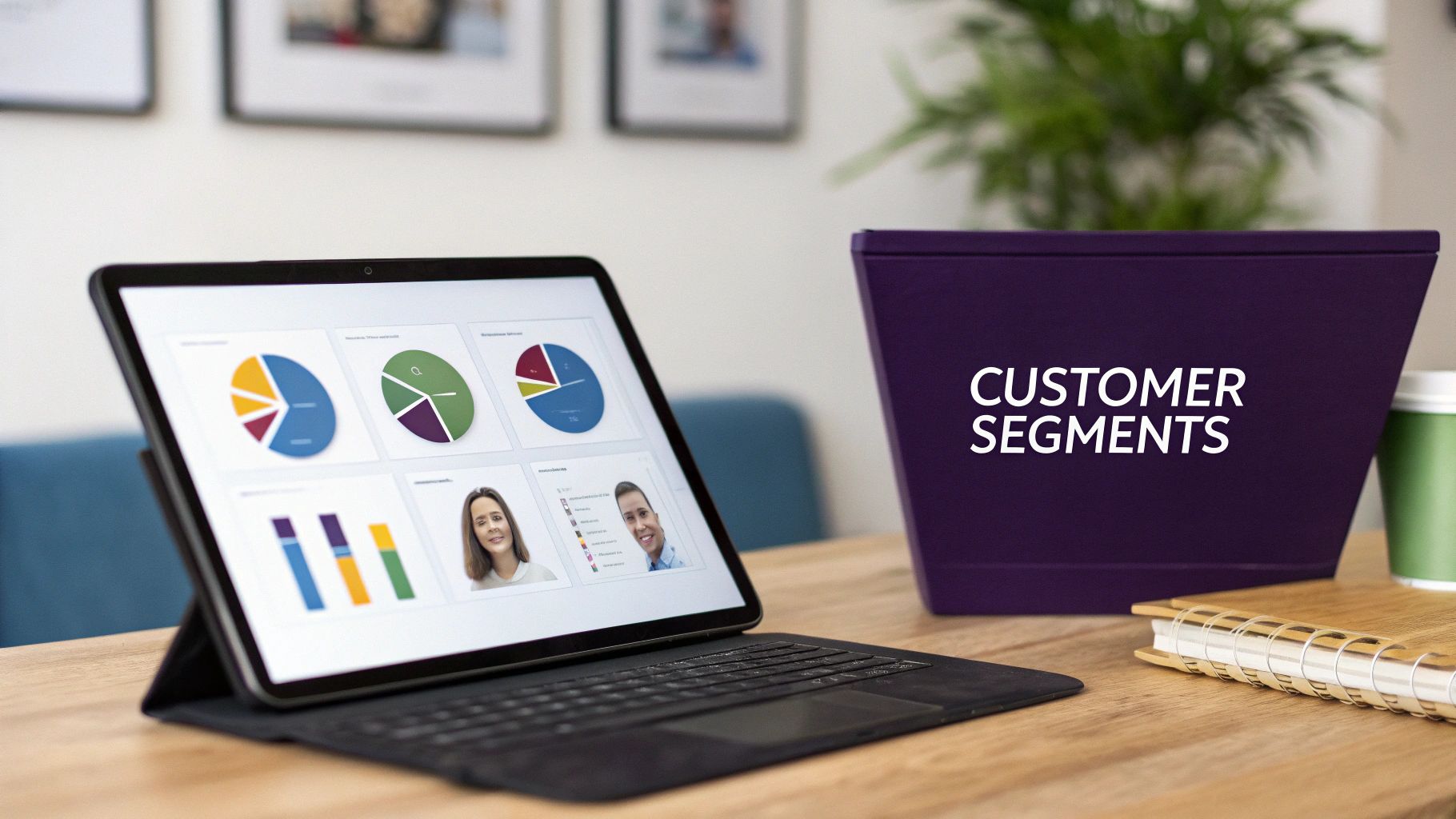 A laptop displays data charts and customer profiles, next to a box labeled 'CUSTOMER SEGMENTS'.