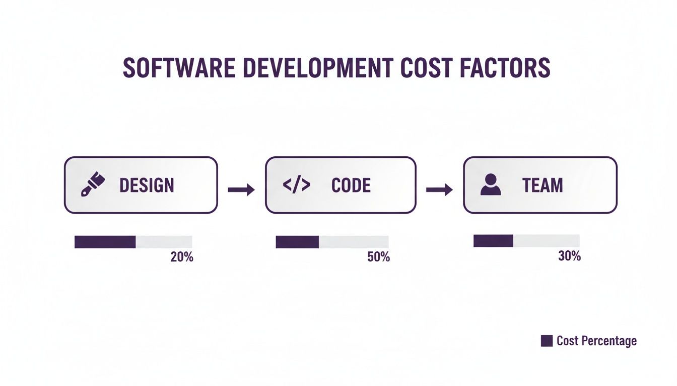 Diagram illustrating software development cost factors: design, code, and team, with their respective percentages.