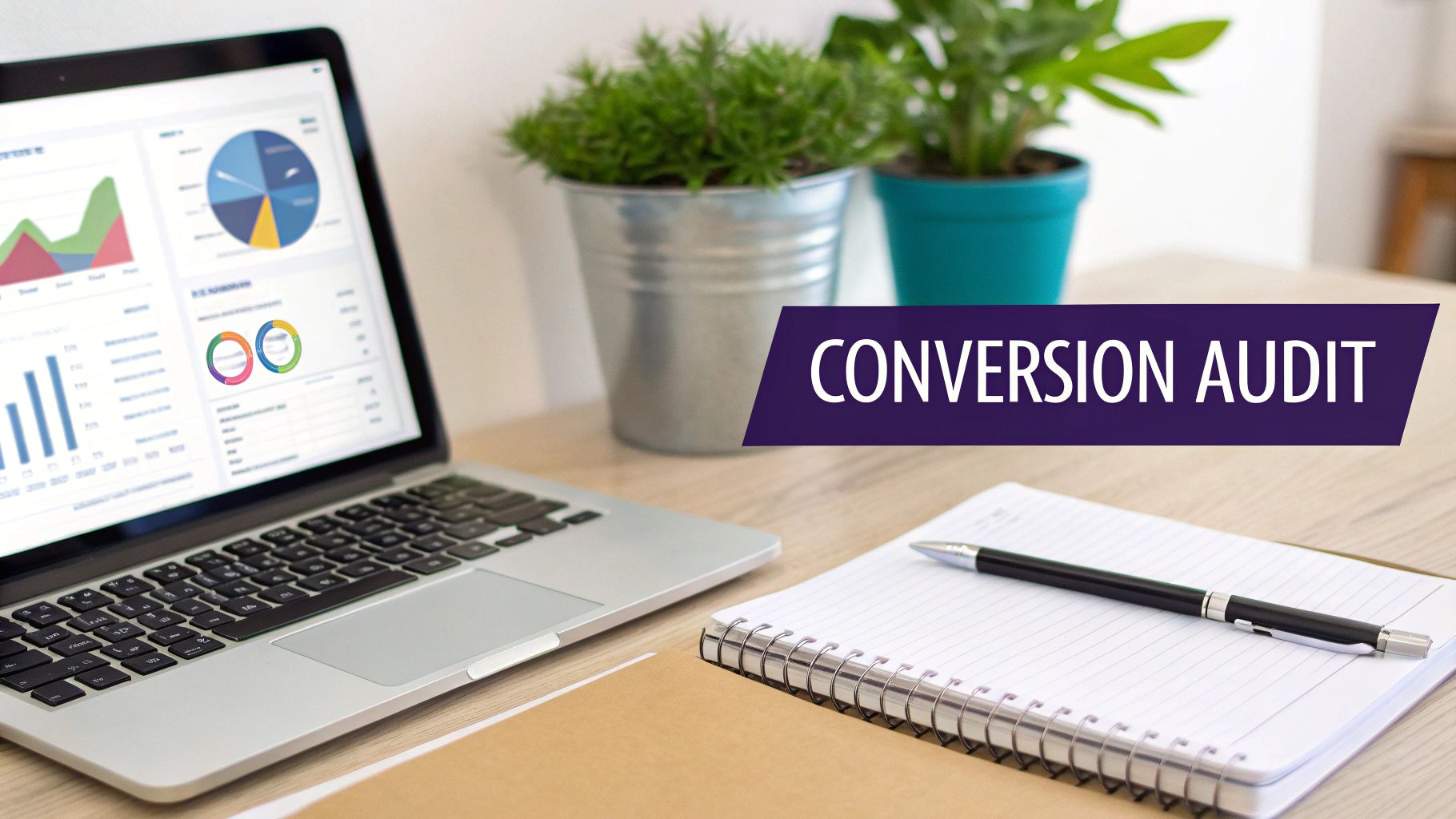 A laptop shows conversion audit data and analytics, alongside a notebook, pen, and plants on a wooden desk.