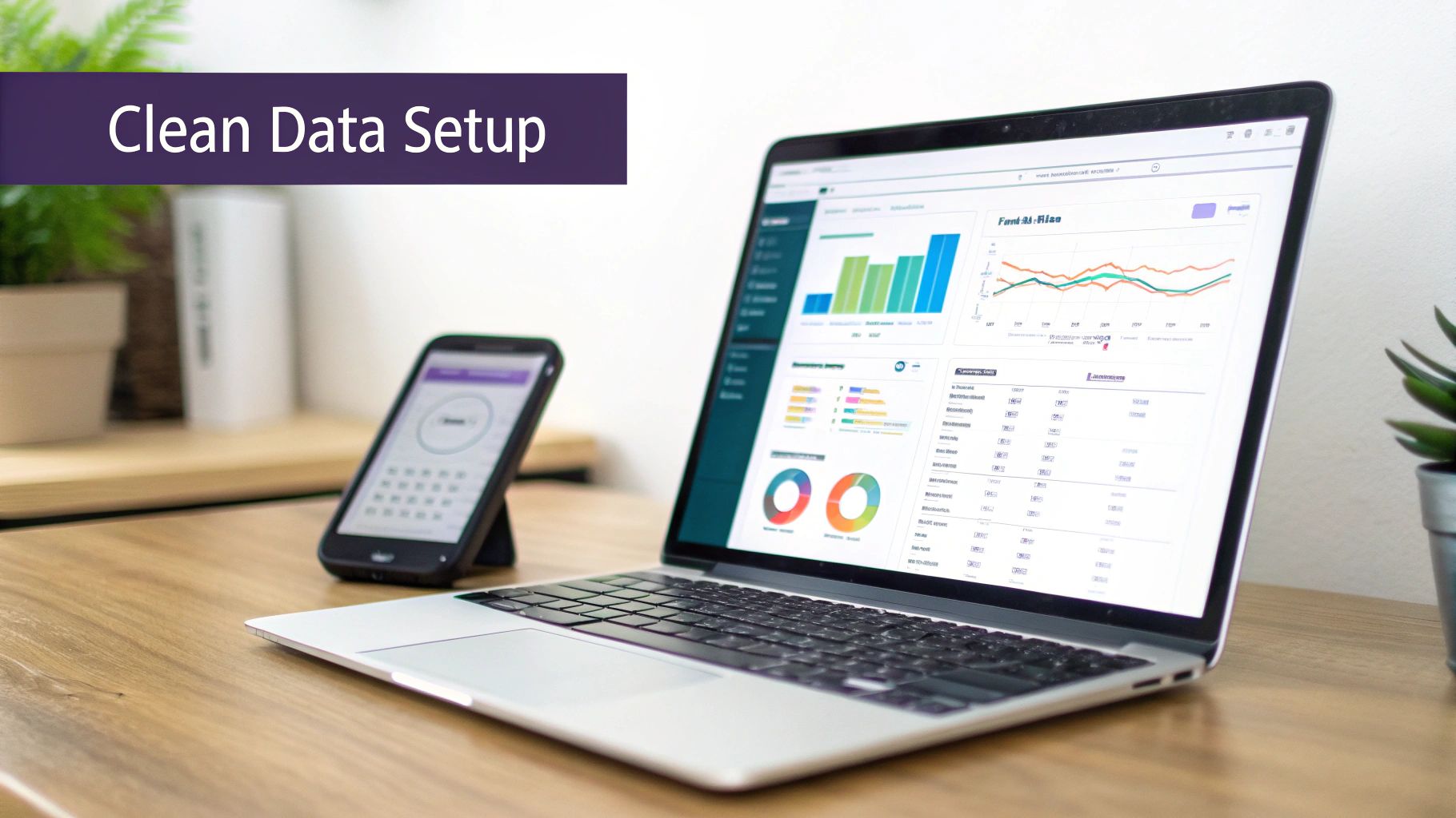 A laptop displaying data analytics dashboards and charts next to a smartphone with a calendar app, on a wooden desk.
