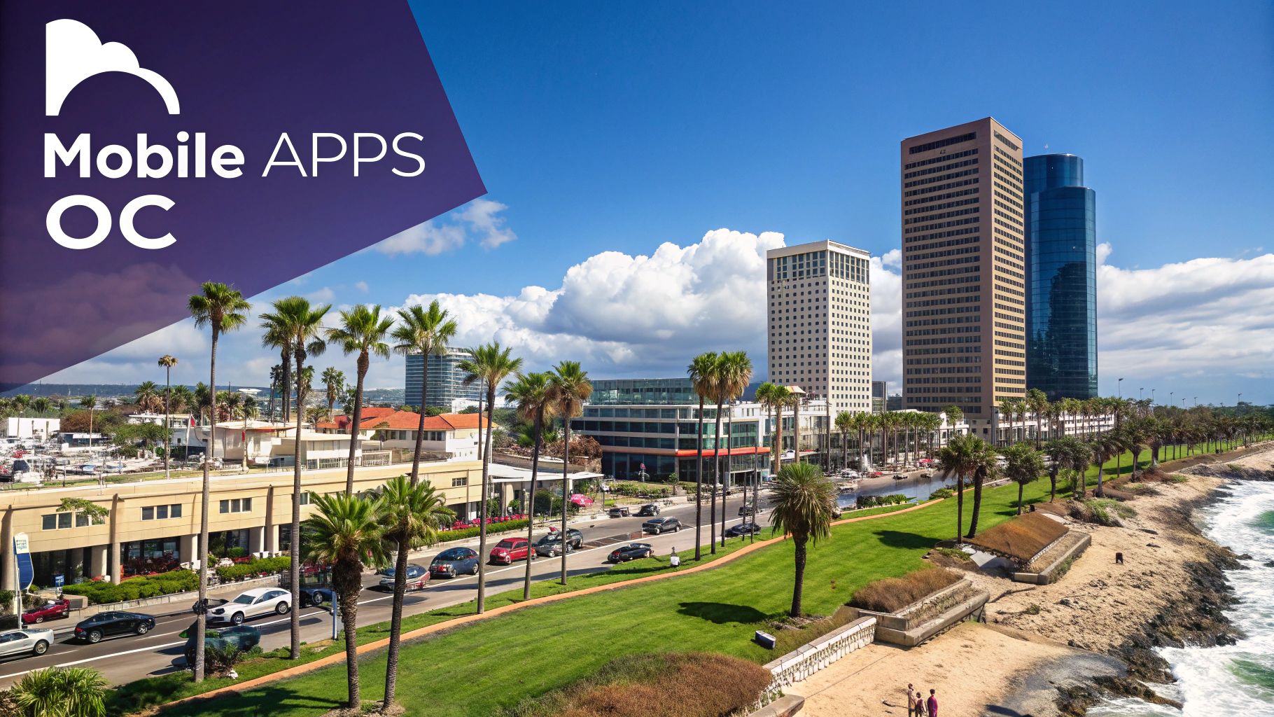 A modern office building in Orange County with palm trees, representing the local tech industry