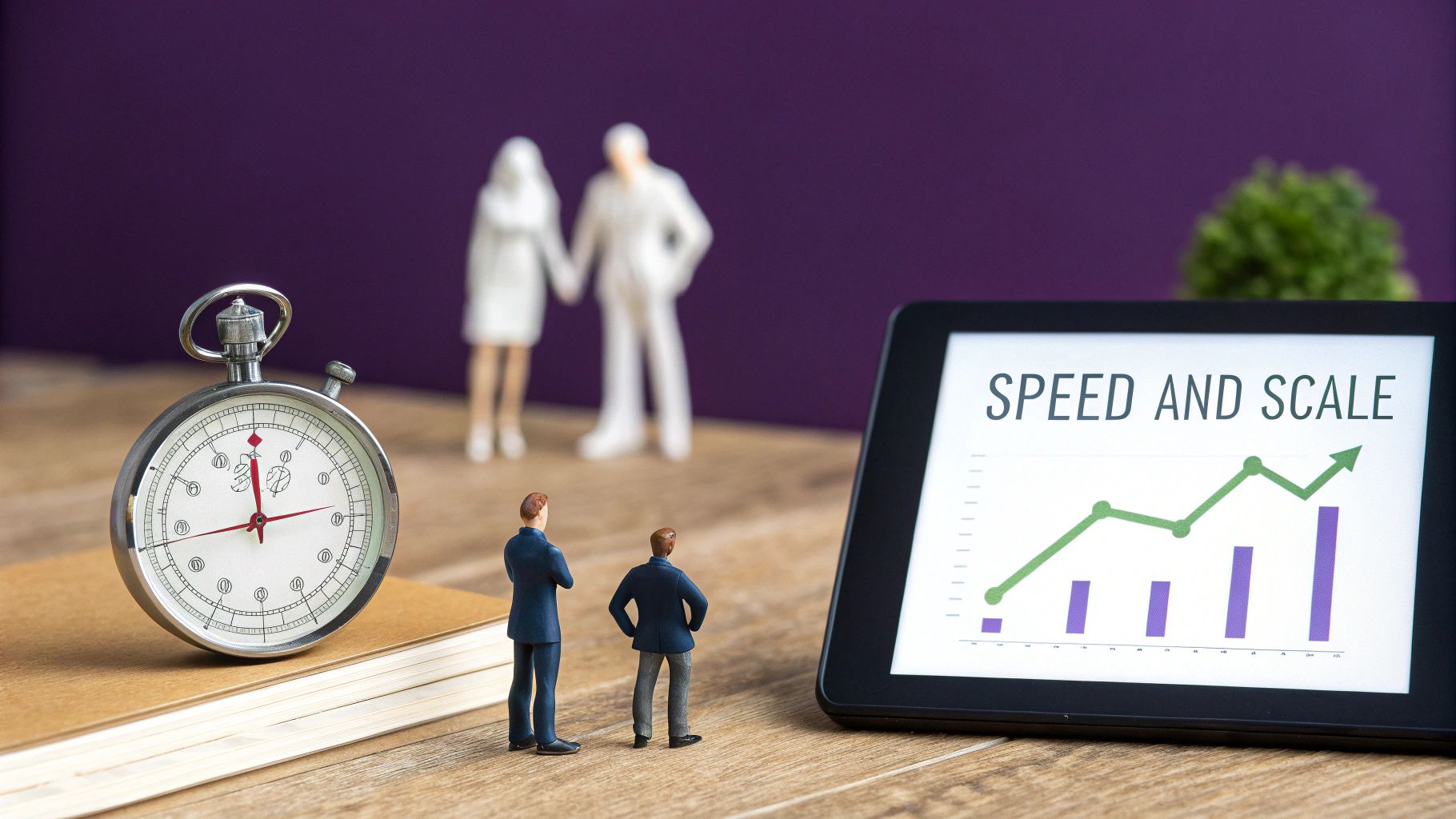 Miniature businessmen analyze 'Speed and Scale' growth on a tablet, with a stopwatch nearby.