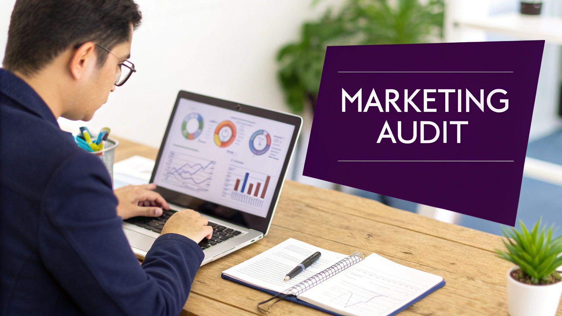 A person analyzes marketing data on a laptop, with a "MARKETING AUDIT" title overlay.
