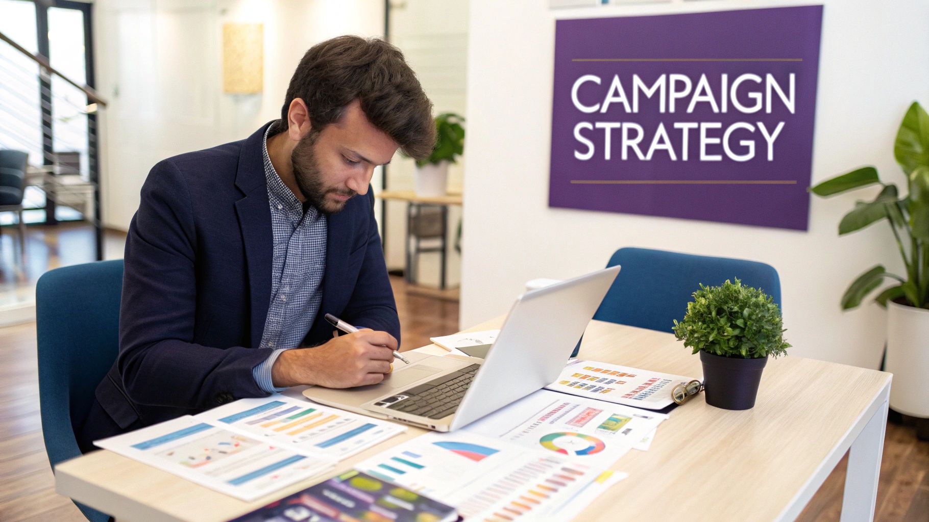 Man planning campaign strategy with laptop and data reports in a modern office.