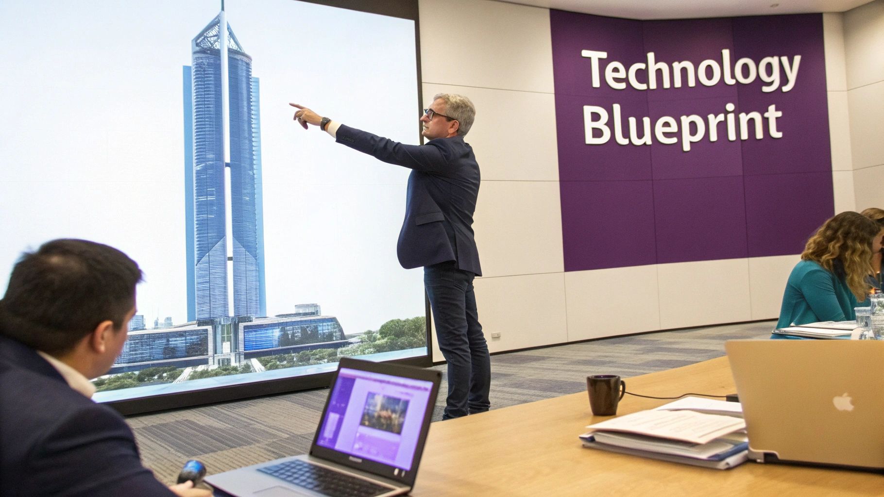 A man in a suit presents a skyscraper design on a large screen during a technology blueprint meeting.