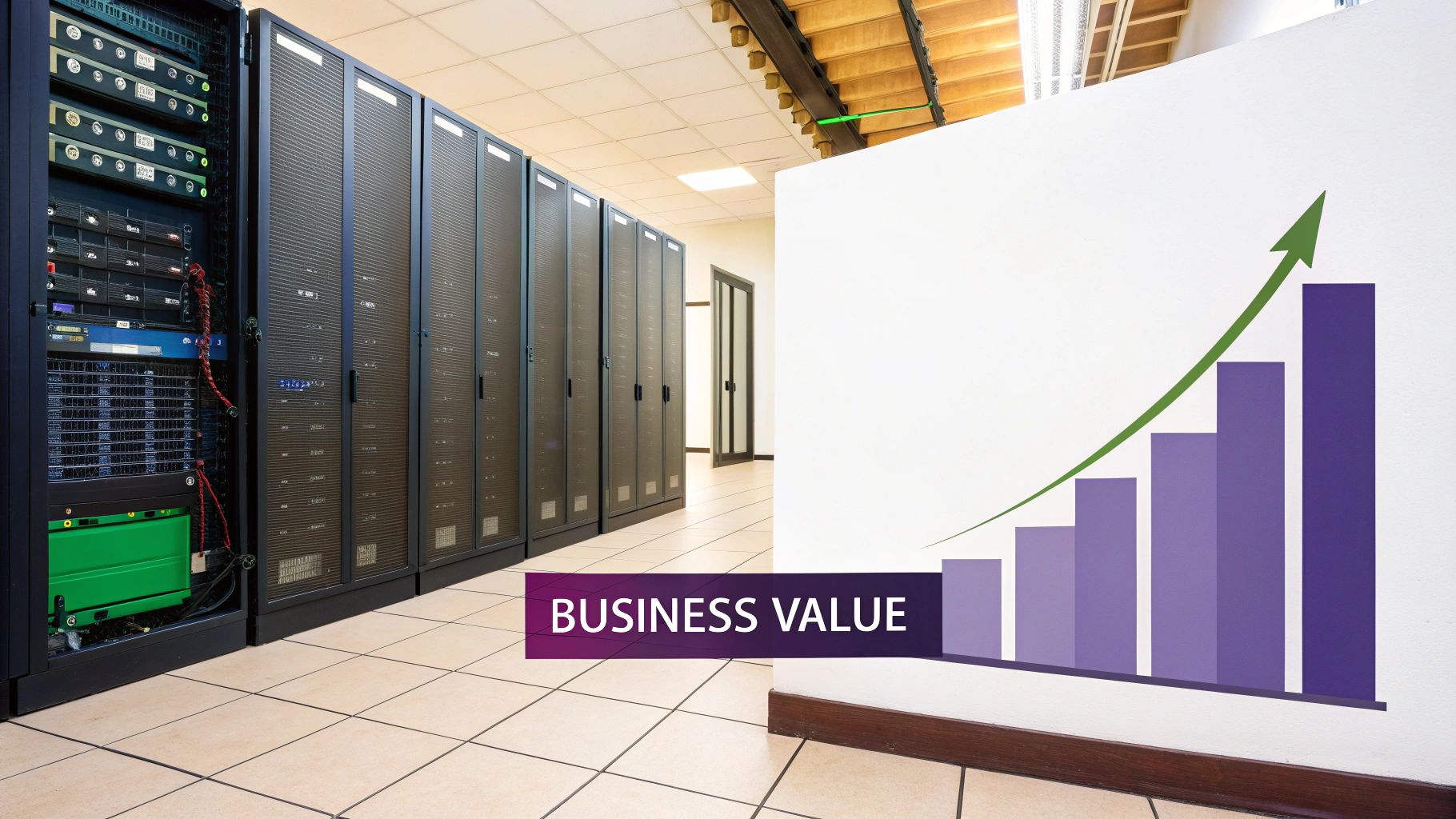 Data center with server racks and a graph illustrating business value growth on a white wall.