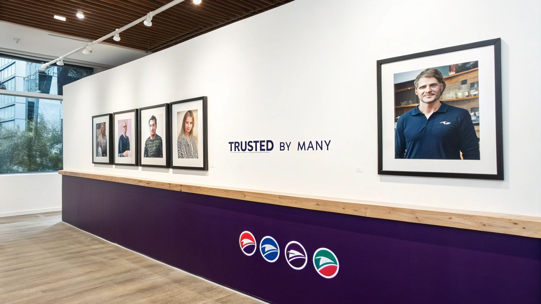 A modern office or gallery wall featuring large portraits of diverse individuals and 'TRUSTED BY MANY' text.