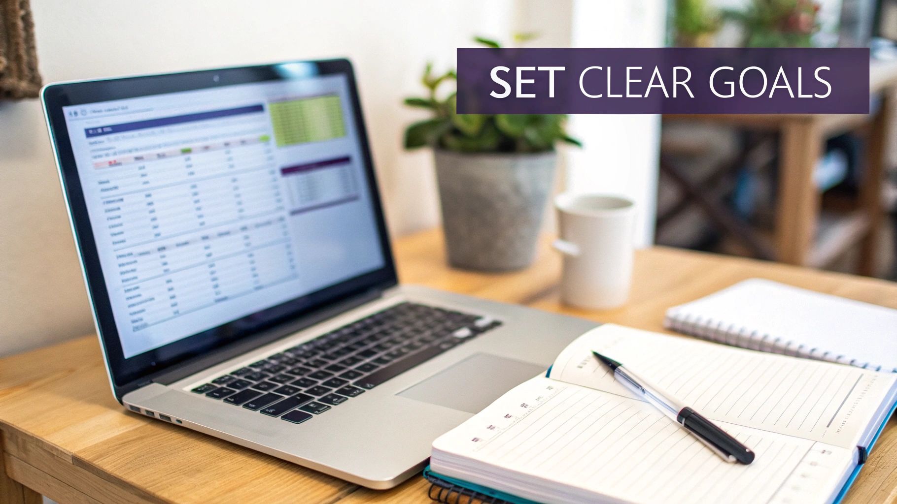 A laptop with a spreadsheet, an open notebook, and a pen on a wooden desk. Overlay text: 'SET CLEAR GOALS'.