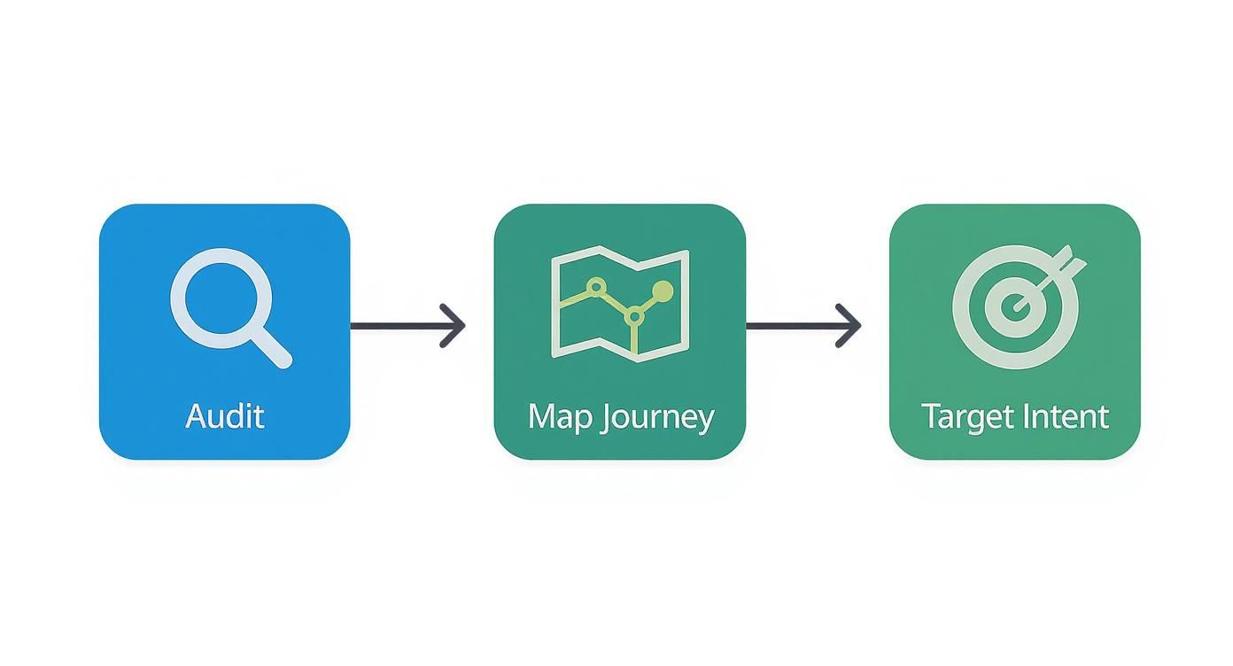 A three-step process diagram with icons: Audit (magnifying glass), Map Journey (map), and Target Intent (target).
