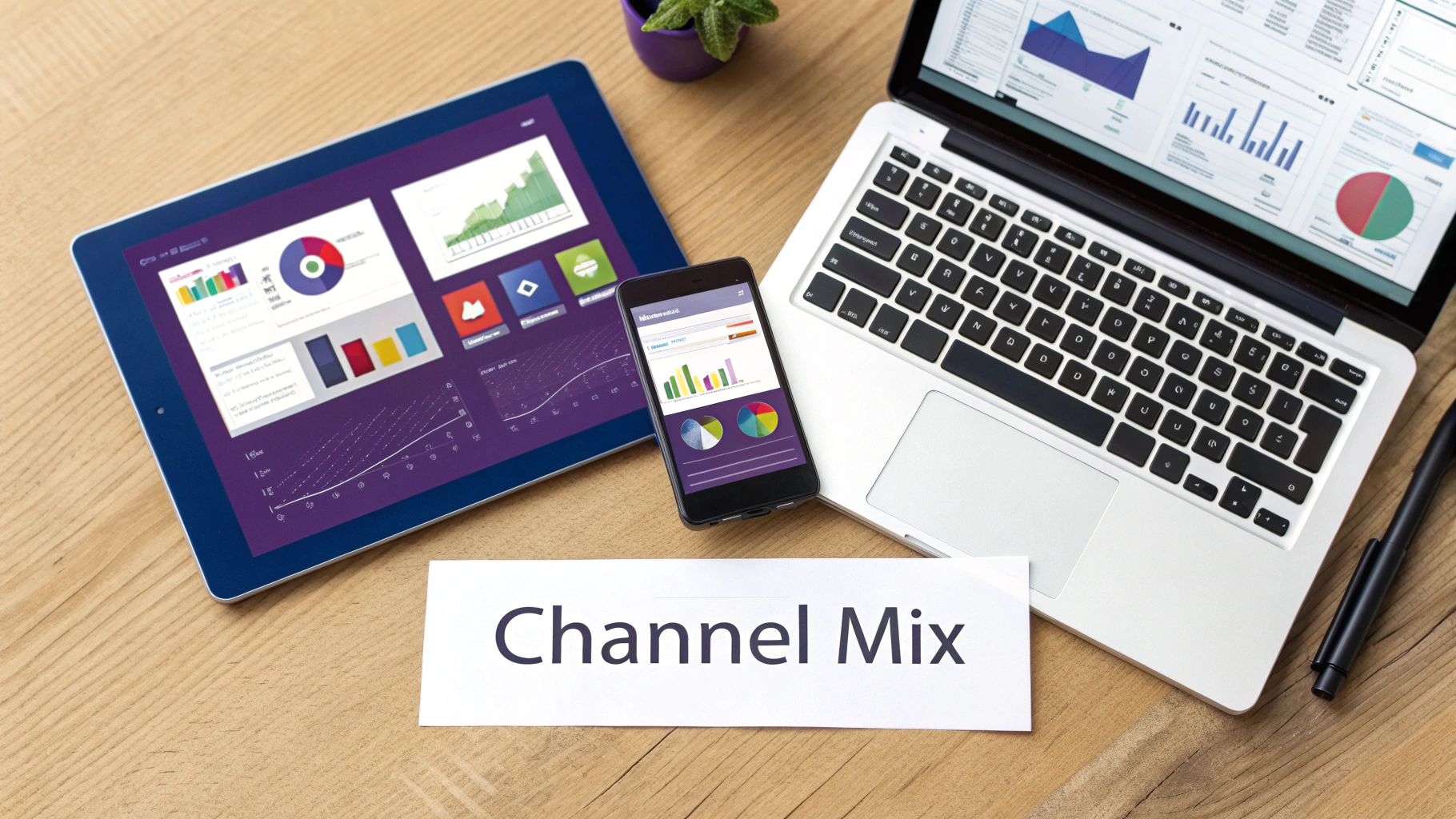 A tablet, smartphone, and laptop displaying business analytics charts, with a 'Channel Mix' sign.
